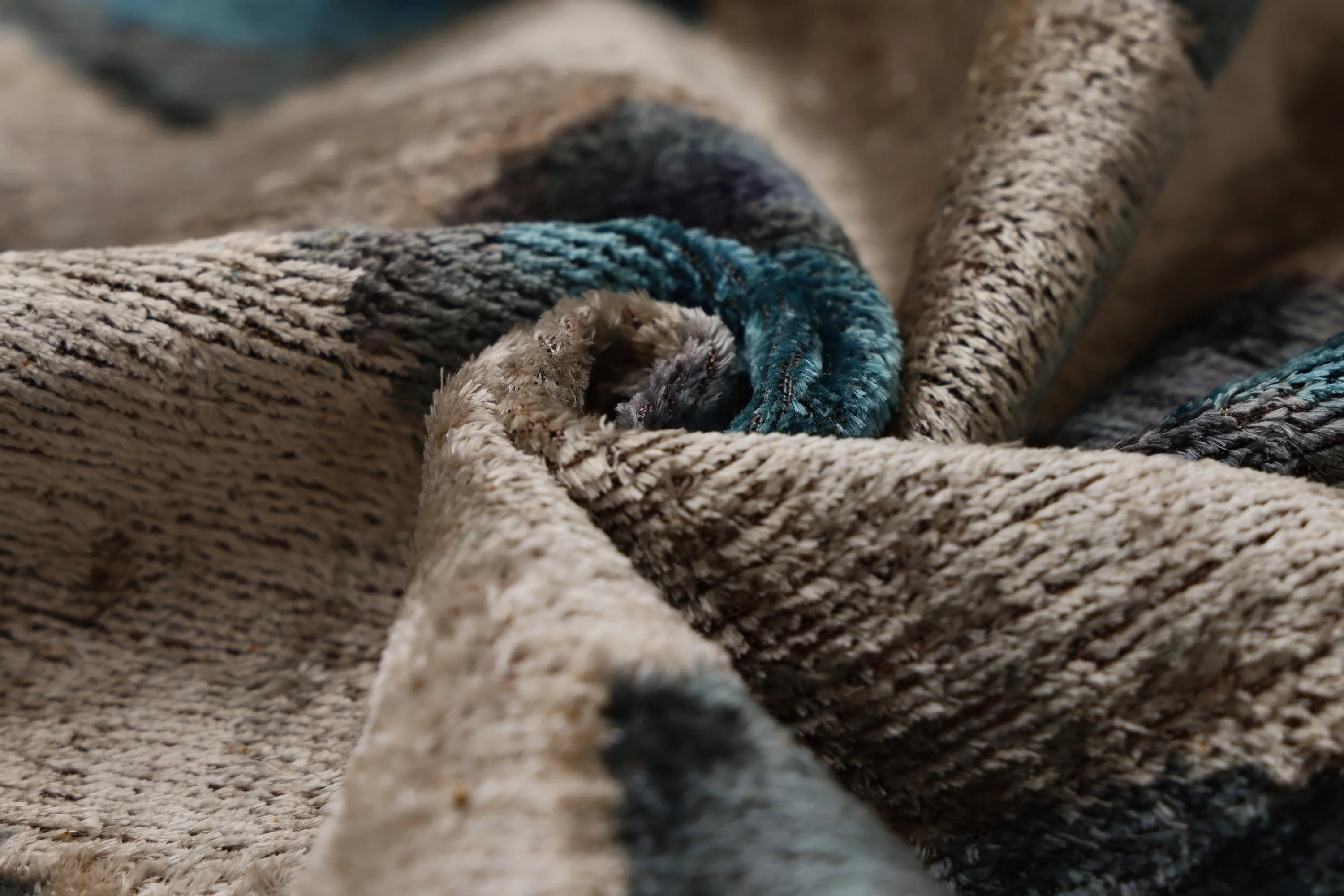 Handwoven Organic Silk Velvet Throw Pillow 20x20 – Neutral Taupe with Teal Ikat Motif - Image 2