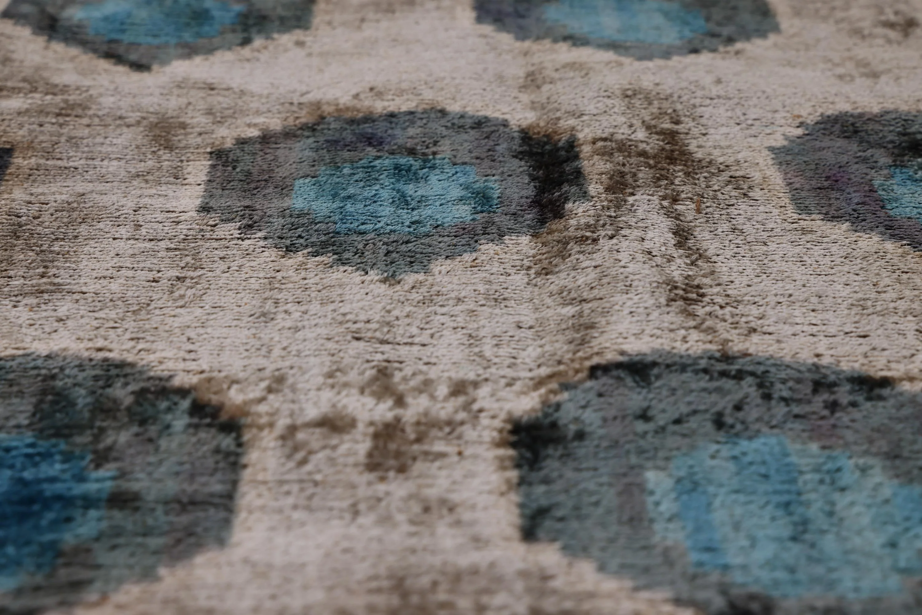 Handwoven Organic Silk Velvet Throw Pillow 20x20 – Neutral Taupe with Teal Ikat Motif - Image 3