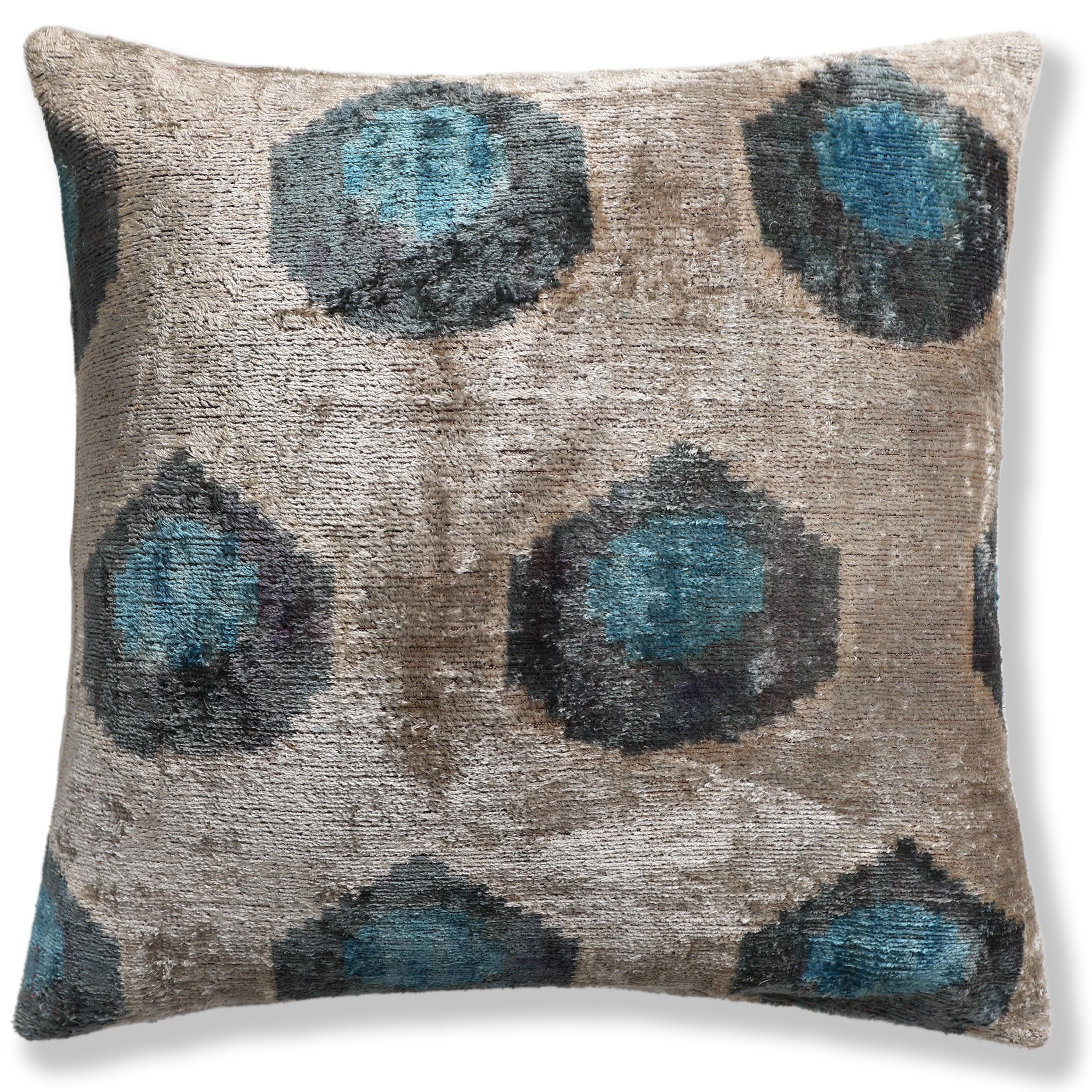 Handwoven Organic Silk Velvet Throw Pillow 20x20 – Neutral Taupe with Teal Ikat Motif - Image 5