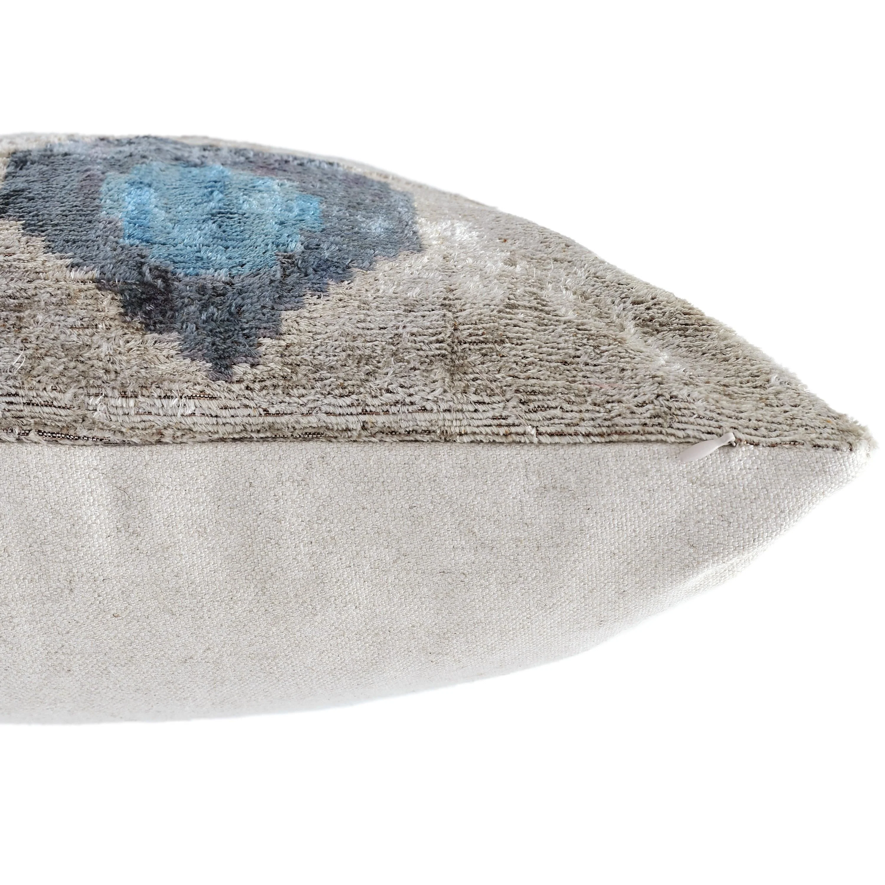 Handwoven Organic Silk Velvet Throw Pillow 20x20 – Neutral Taupe with Teal Ikat Motif - Image 6