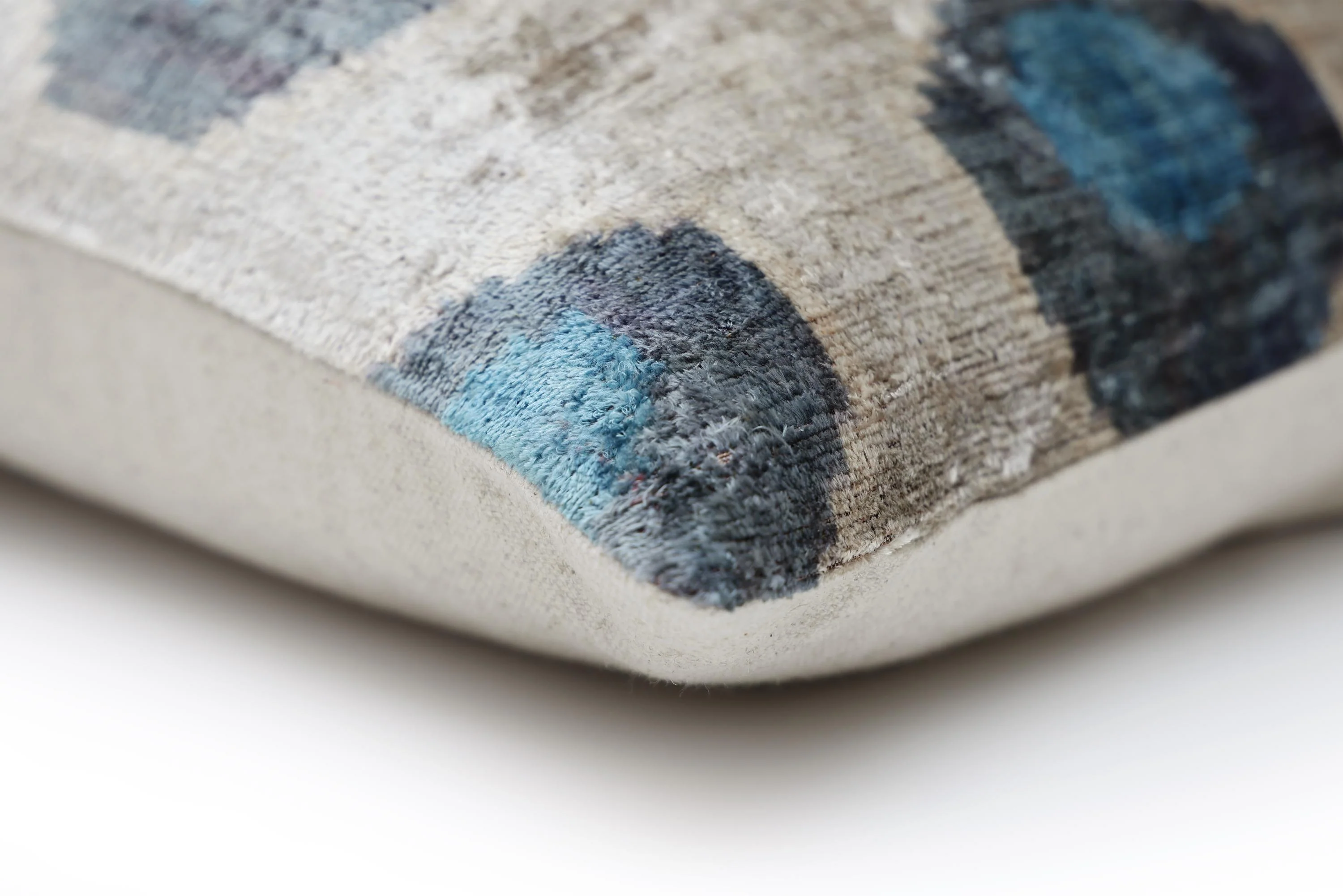 Handwoven Organic Silk Velvet Throw Pillow 20x20 – Neutral Taupe with Teal Ikat Motif - Image 8