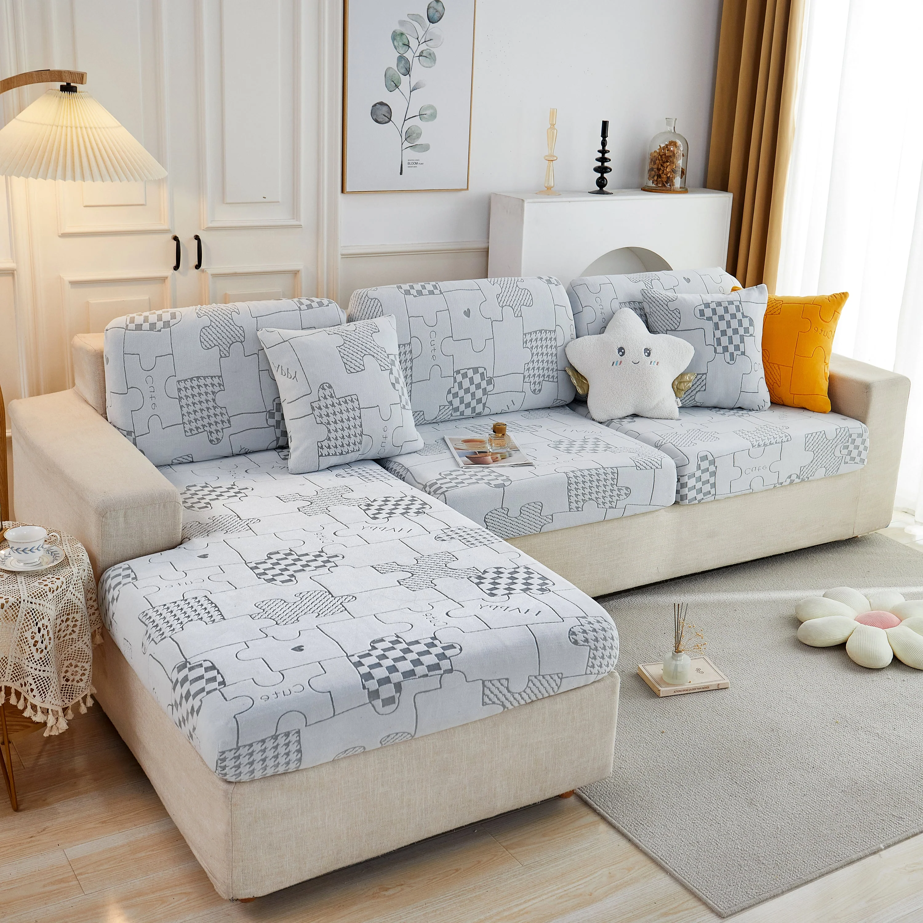 Happy Puzzle Jacquard Fleece Stretchable Cushion Cover, Non-Slip L Shaped Couch Covers for Pets - Image 11