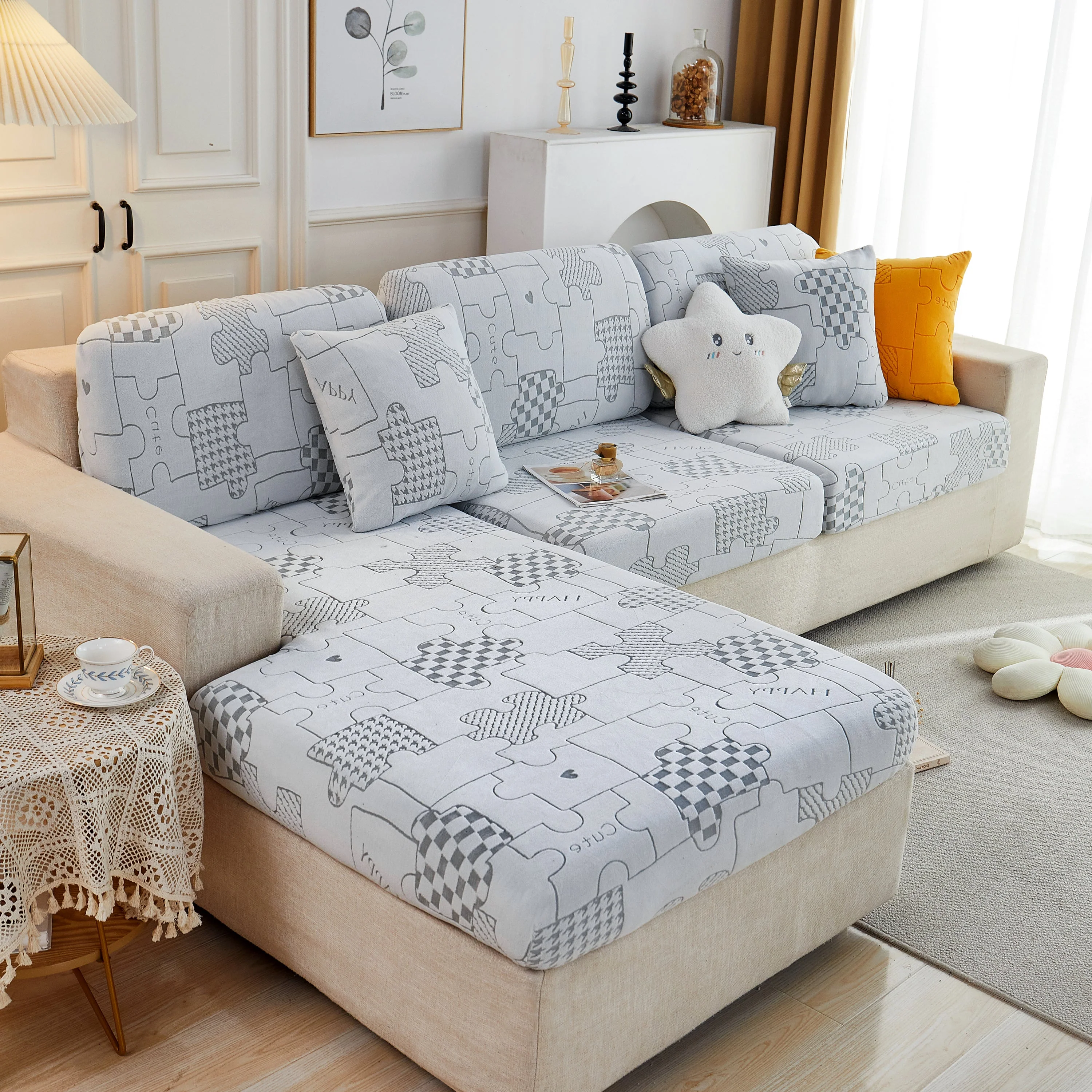 Happy Puzzle Jacquard Fleece Stretchable Cushion Cover, Non-Slip L Shaped Couch Covers for Pets - Image 12