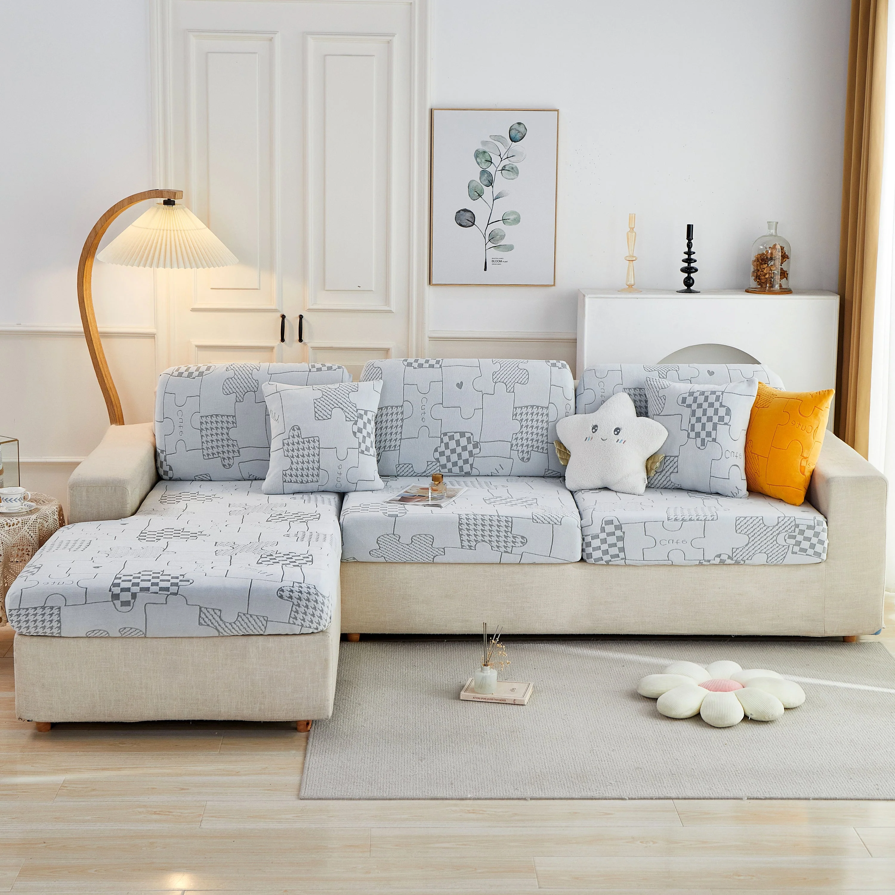 Happy Puzzle Jacquard Fleece Stretchable Cushion Cover, Non-Slip L Shaped Couch Covers for Pets - Image 13
