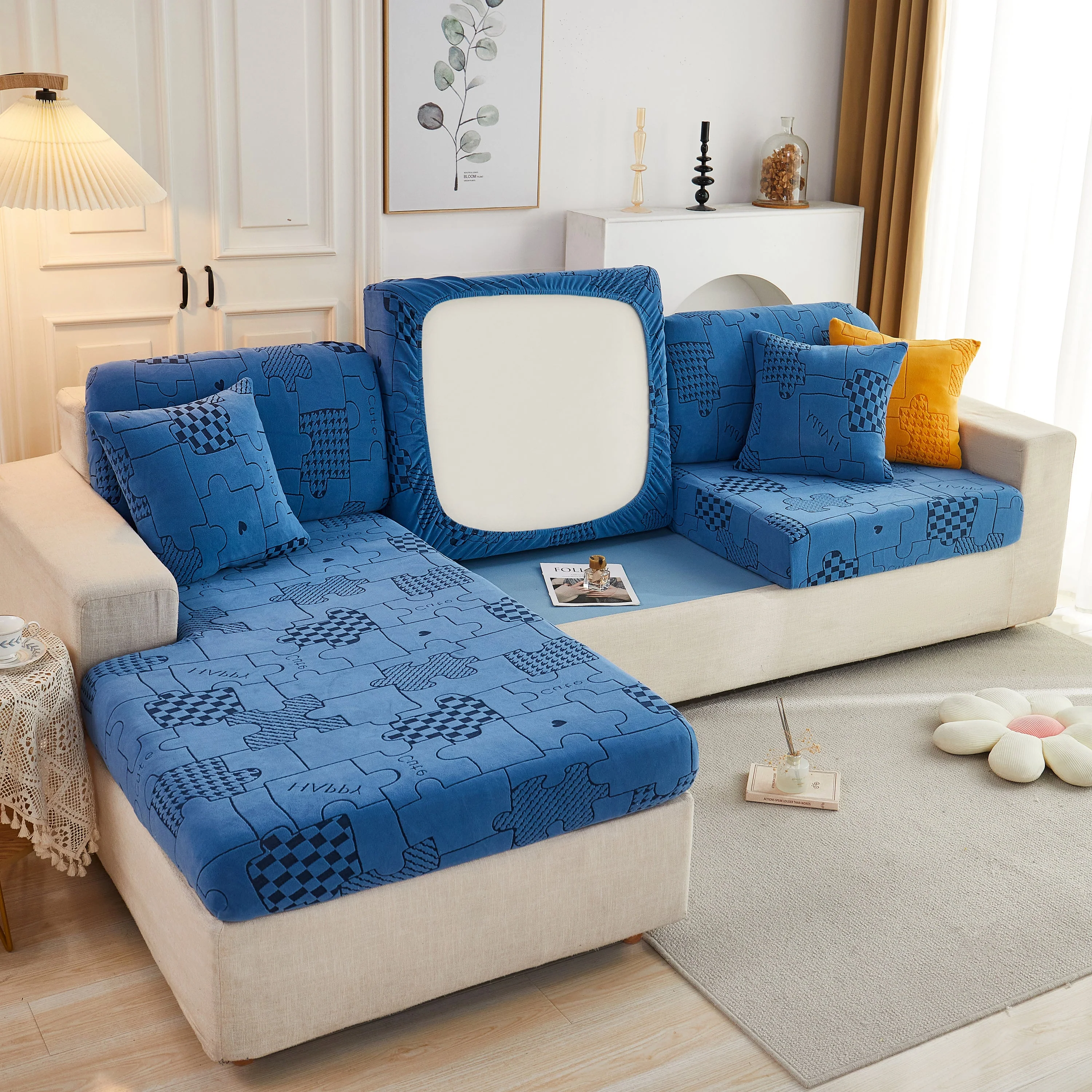 Happy Puzzle Jacquard Fleece Stretchable Cushion Cover, Non-Slip L Shaped Couch Covers for Pets - Image 15