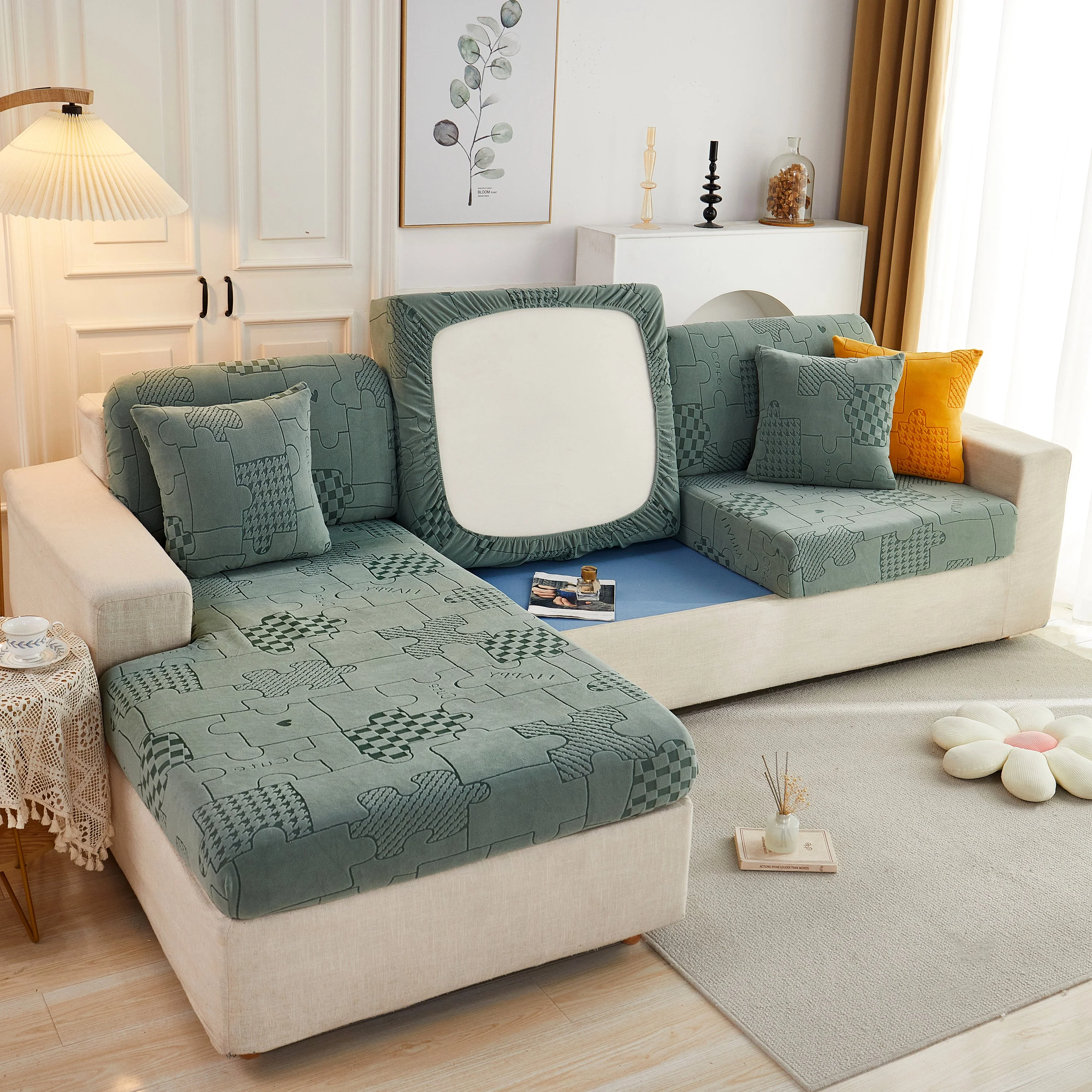 Happy Puzzle Jacquard Fleece Stretchable Cushion Cover, Non-Slip L Shaped Couch Covers for Pets - Image 16