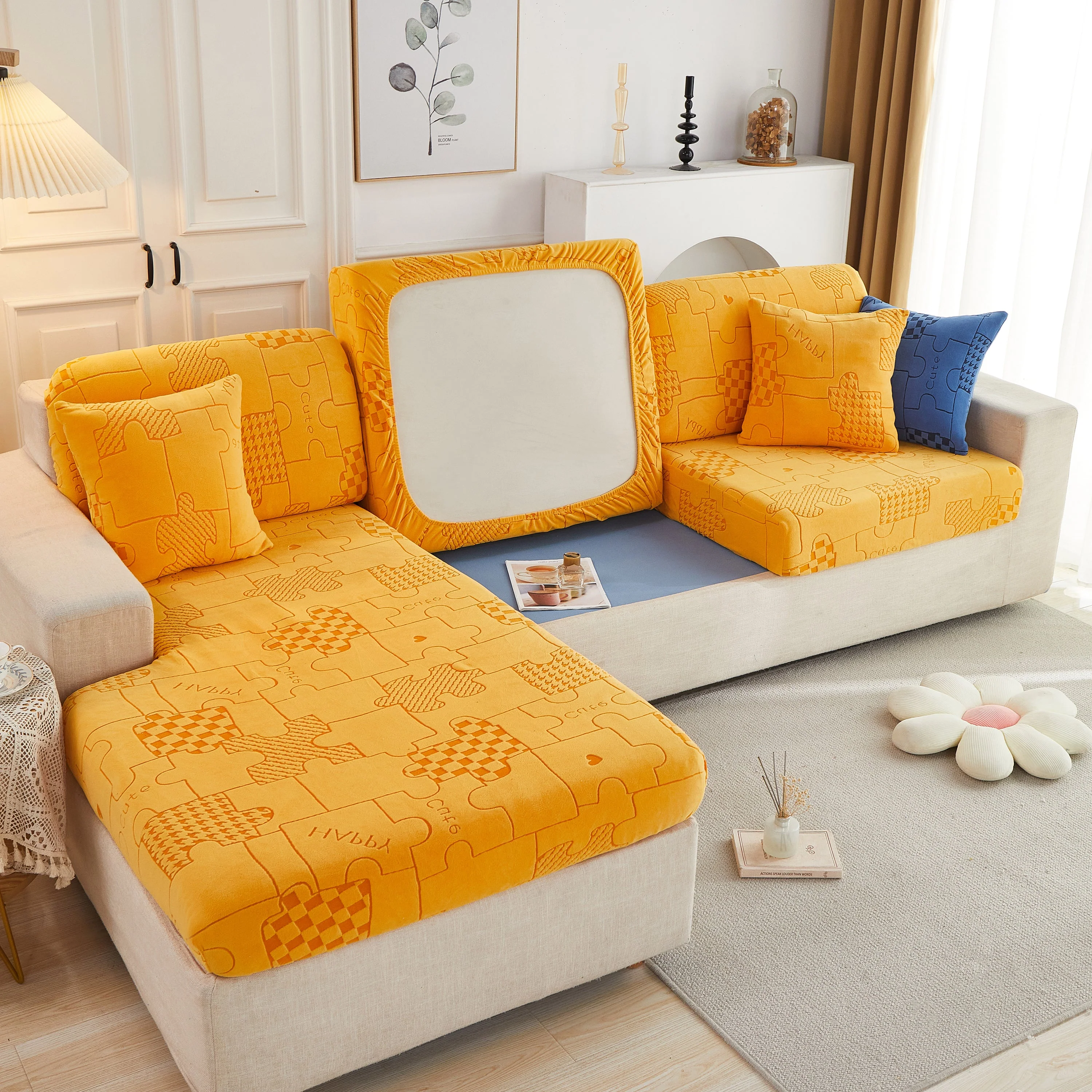 Happy Puzzle Jacquard Fleece Stretchable Cushion Cover, Non-Slip L Shaped Couch Covers for Pets - Image 17