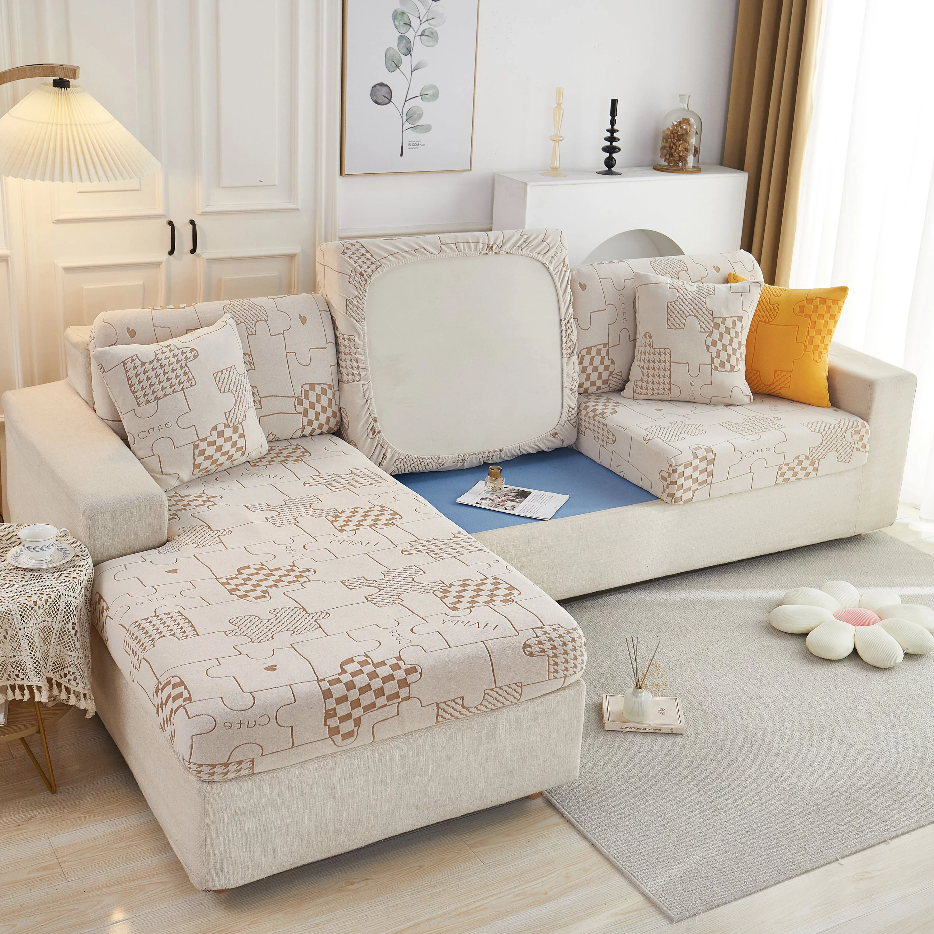 Happy Puzzle Jacquard Fleece Stretchable Cushion Cover, Non-Slip L Shaped Couch Covers for Pets - Image 18