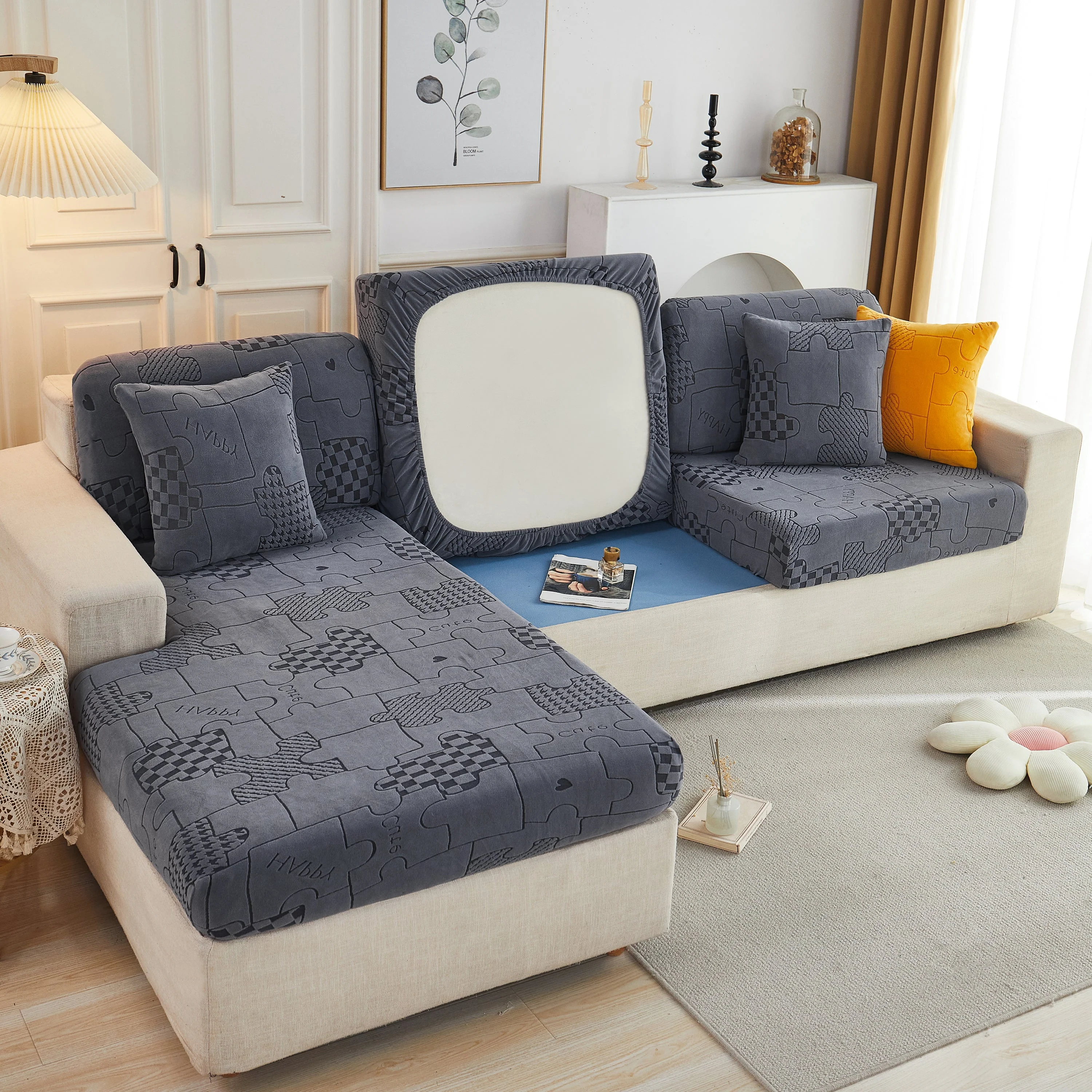 Happy Puzzle Jacquard Fleece Stretchable Cushion Cover, Non-Slip L Shaped Couch Covers for Pets - Image 19