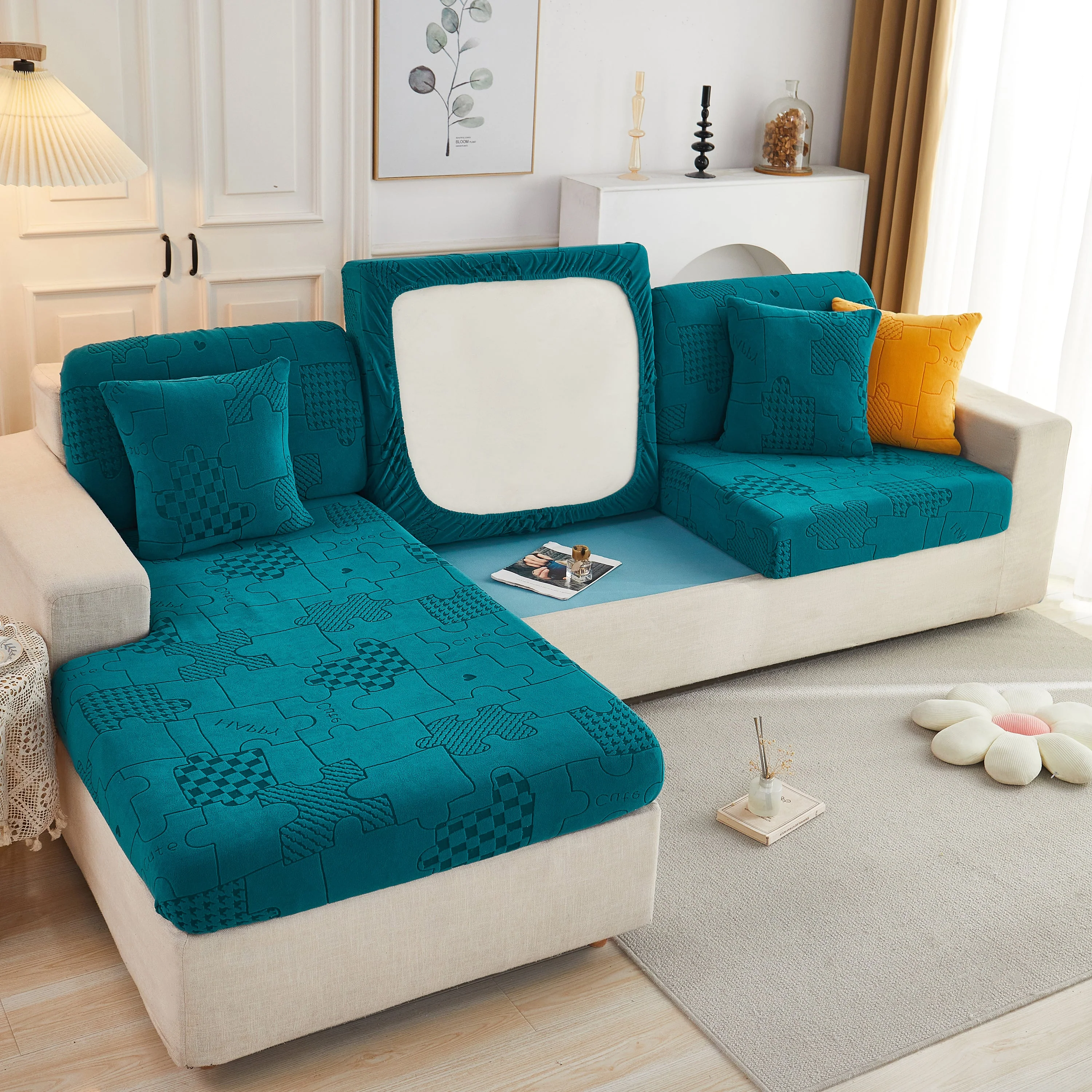 Happy Puzzle Jacquard Fleece Stretchable Cushion Cover, Non-Slip L Shaped Couch Covers for Pets - Image 20