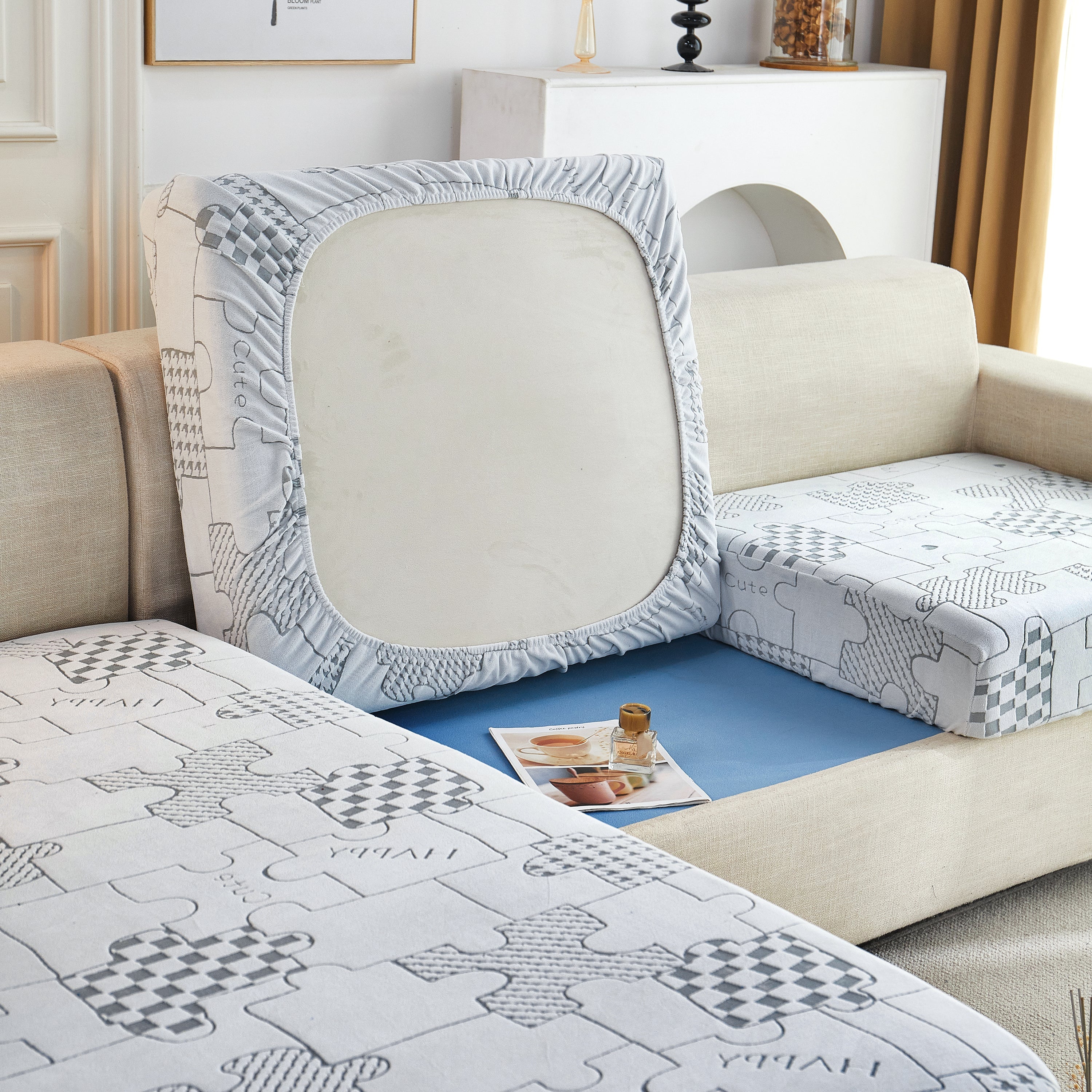 Happy Puzzle Jacquard Fleece Stretchable Cushion Cover, Non-Slip L Shaped Couch Covers for Pets - Image 6