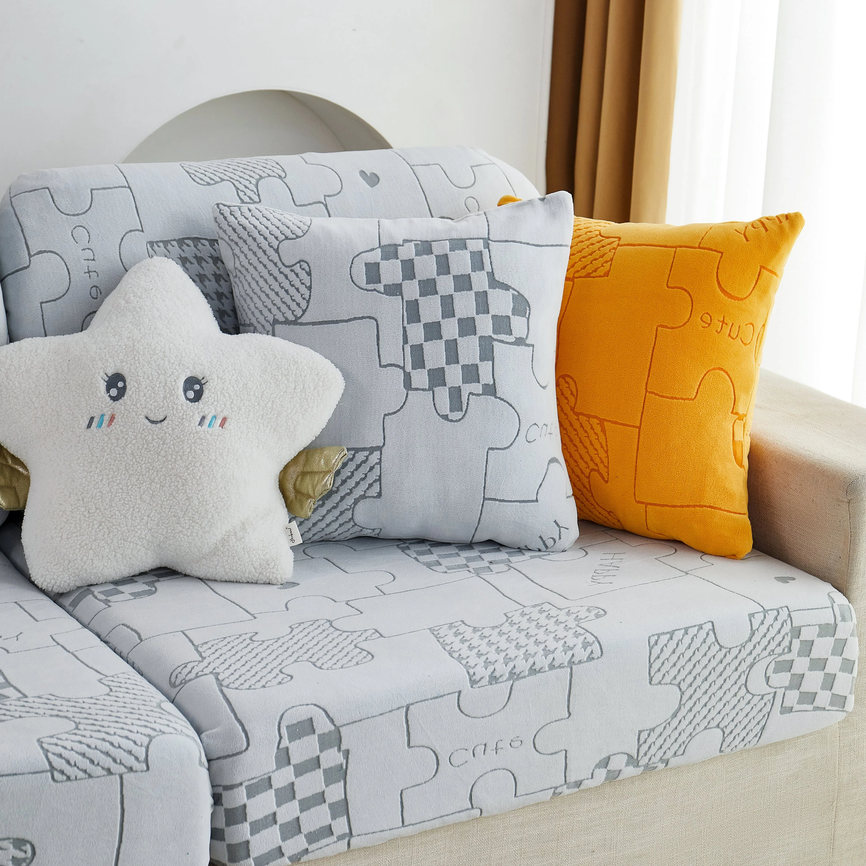 Happy Puzzle Jacquard Fleece Stretchable Cushion Cover, Non-Slip L Shaped Couch Covers for Pets - Image 7