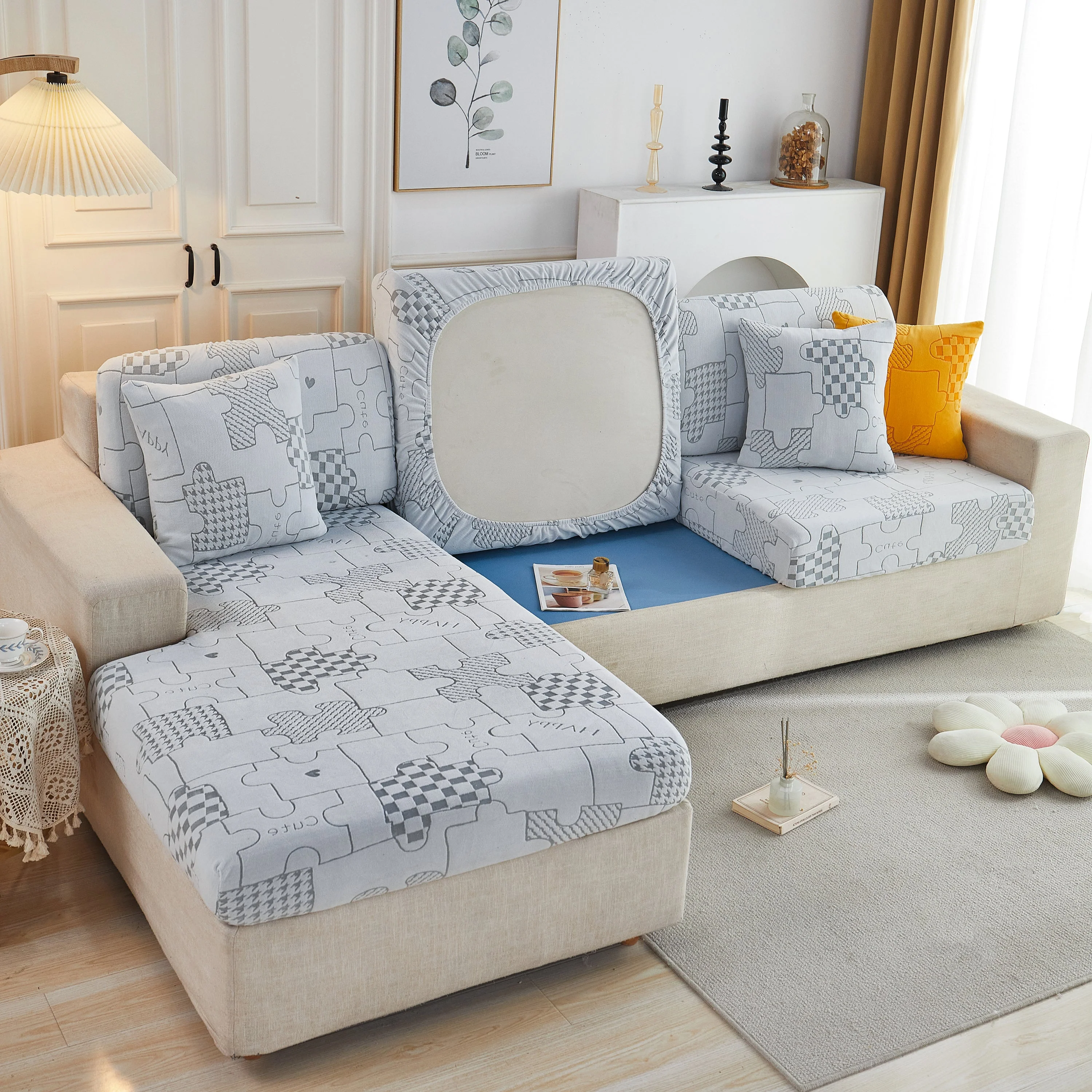 Happy Puzzle Jacquard Fleece Stretchable Cushion Cover, Non-Slip L Shaped Couch Covers for Pets - Image 9