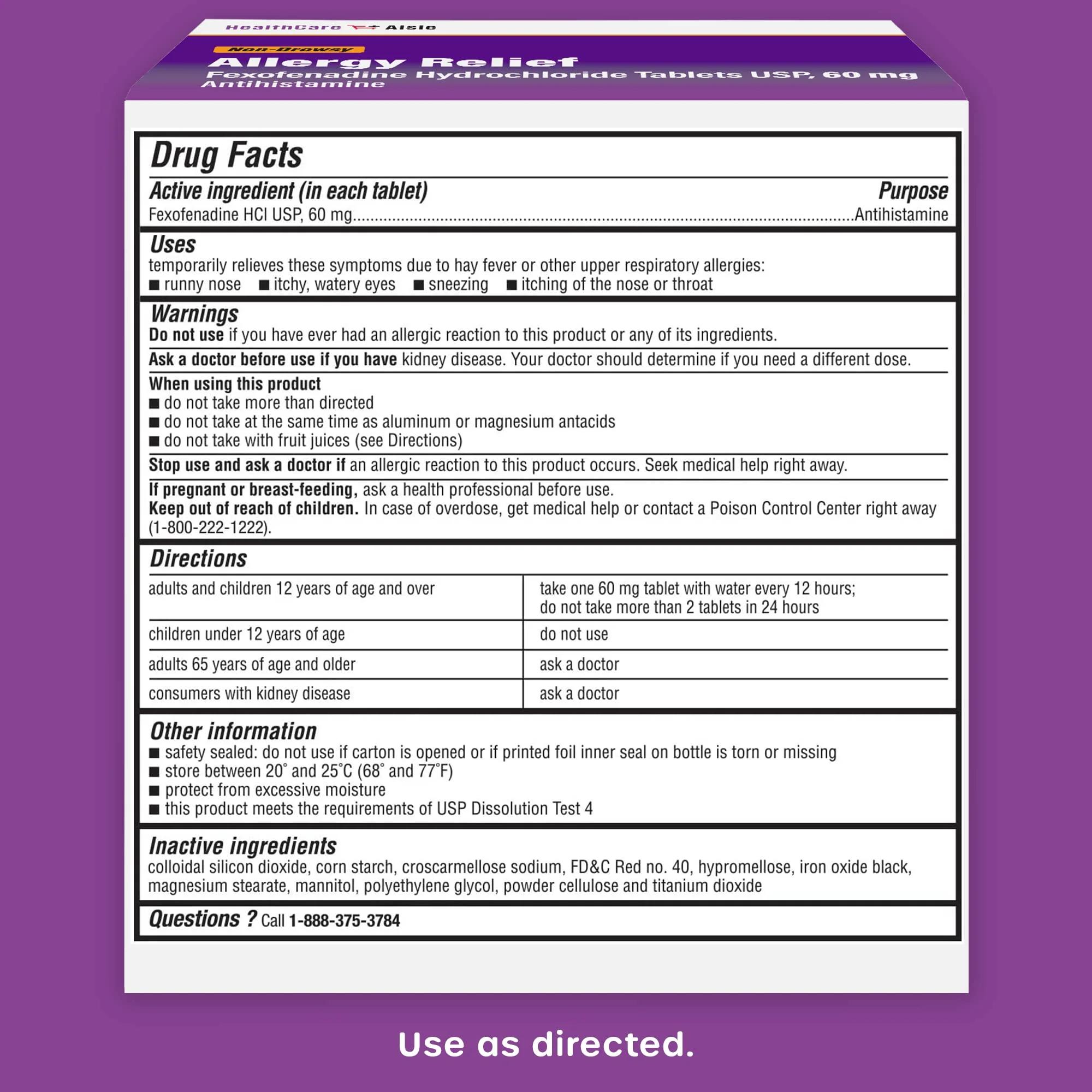 HealthCareAisle Allergy Relief - Fexofenadine Hydrochloride Tablets USP, 60 mg - 100 Tablets - Non-Drowsy Antihistamine, 12-Hour Allergy Medicine - Image 3