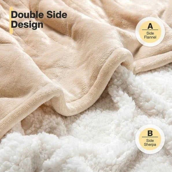 Heated Electric Sherpa Throw Blanket in Beige/White - Image 5
