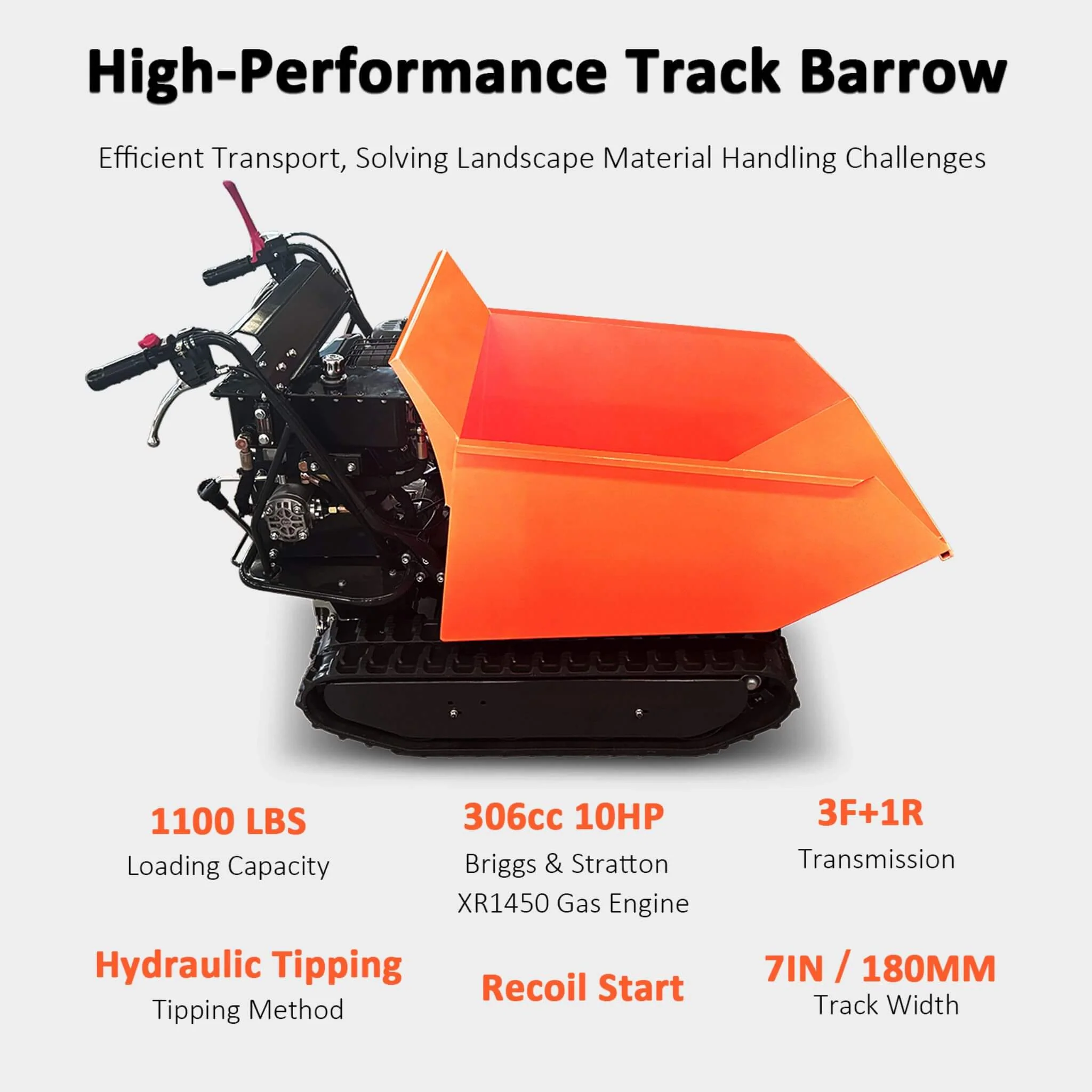 Heavy-Duty 1100LBS 10HP Gas-Powered Track Barrow With Hydraulic Assist (SAK48291) - Image 4