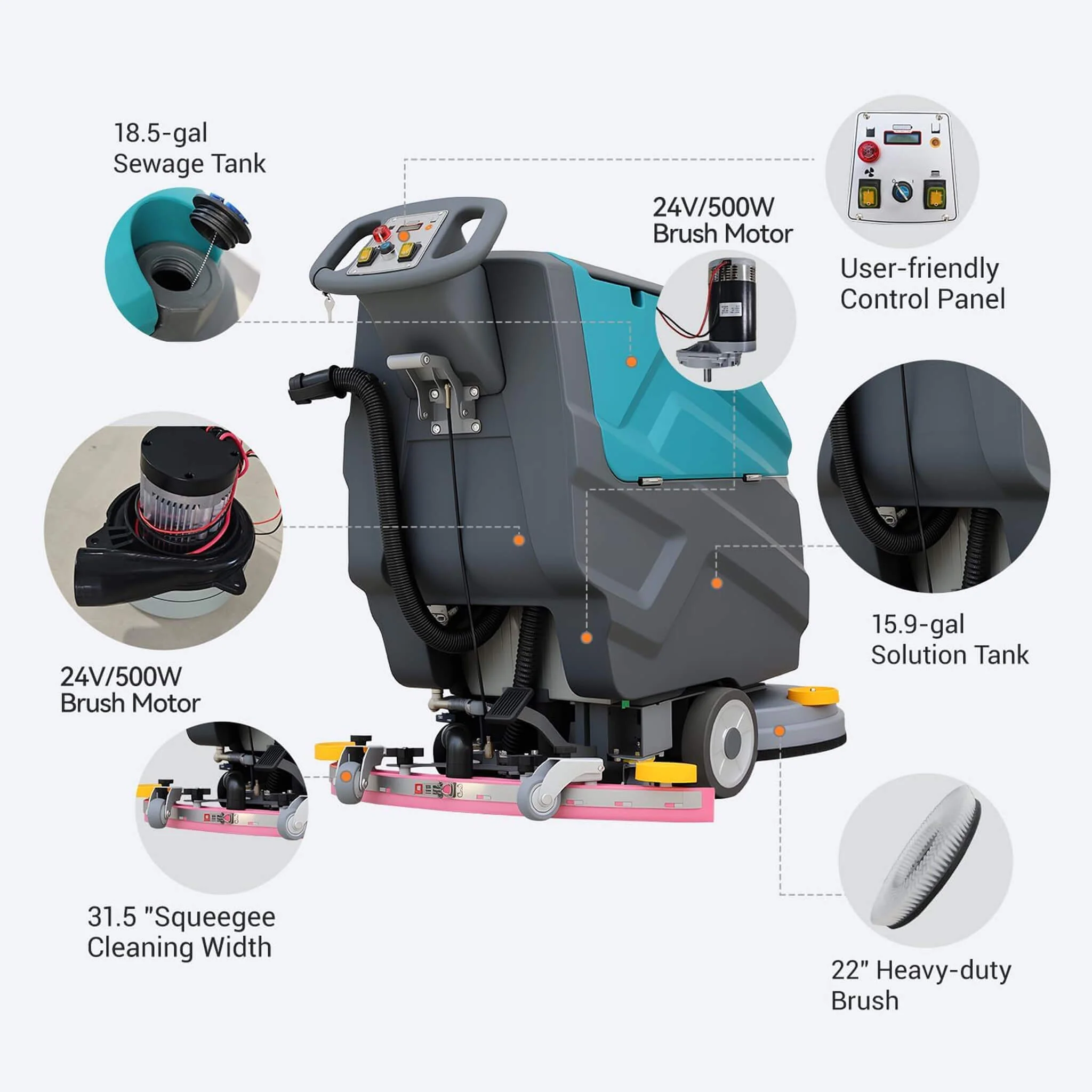 Heavy-Duty 22-Inch Industrial Walk-Behind Floor Scrubber With Squeegee Suction (SAK90834) - Image 4