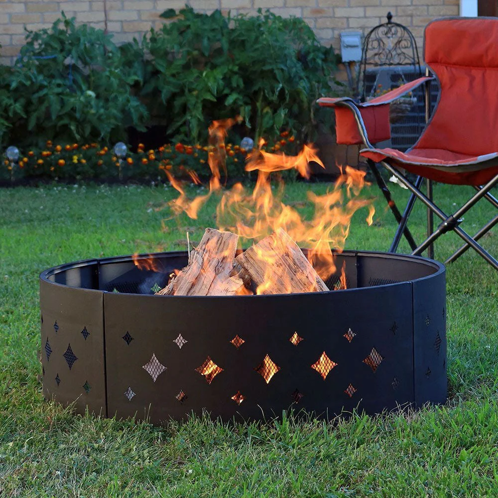Heavy Duty 36-inch Black Steel Fire Pit Ring with Diamond Pattern - Image 2