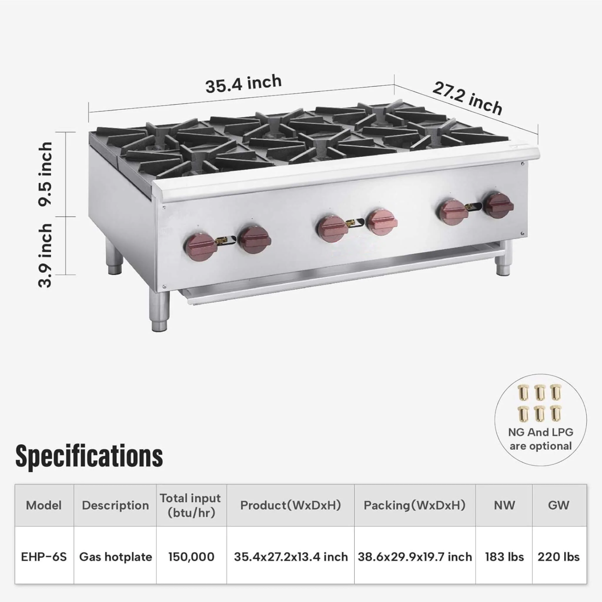 Heavy-Duty 36-Inch Commercial 150K BTU 6-Burner Stainless Steel Countertop Natural Gas And Propane Range (SAK92640) - Image 7