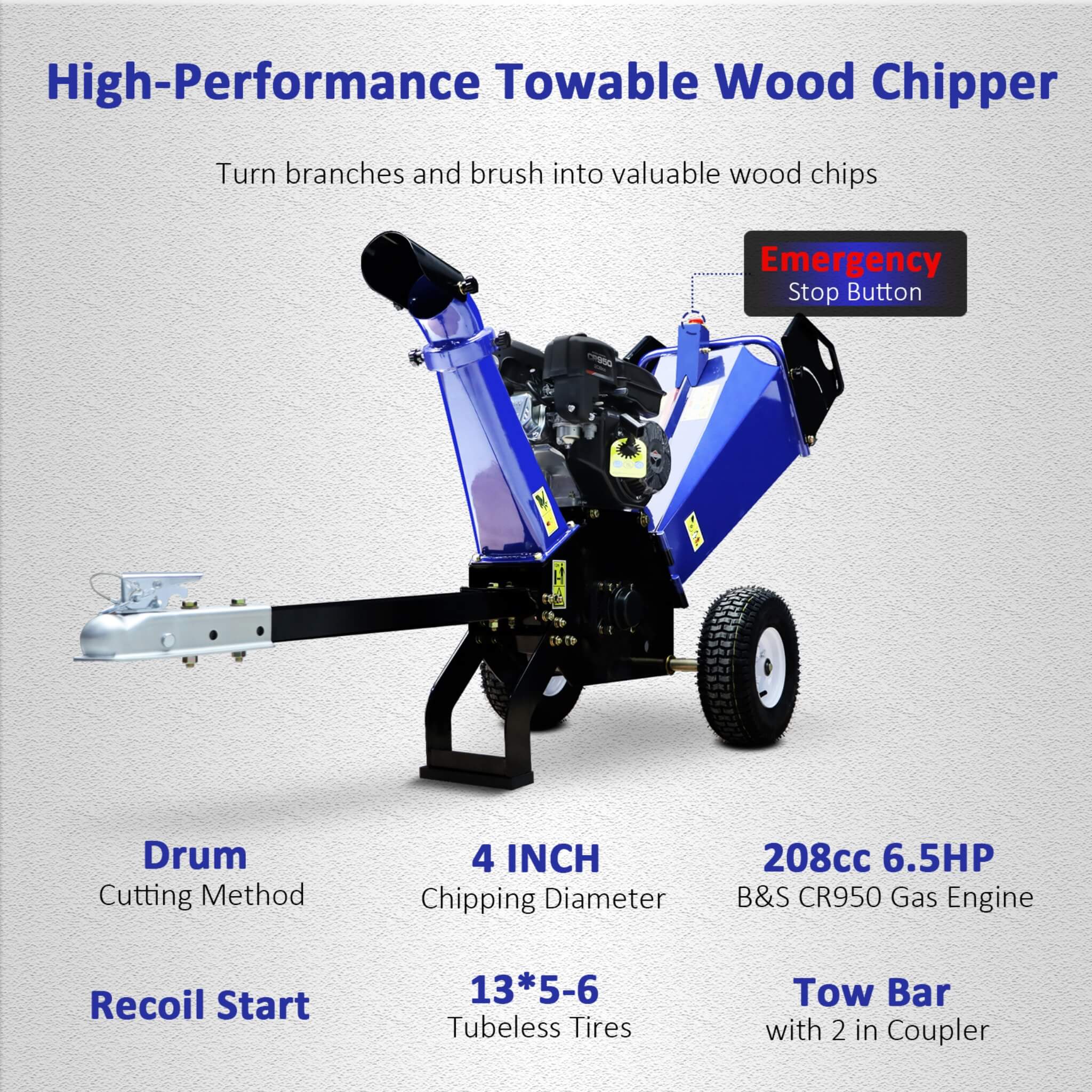 Heavy-Duty 4-Inch 208CC Gas Wood Chipper Shredder With Tow Hitch (SAK47504) - Image 4
