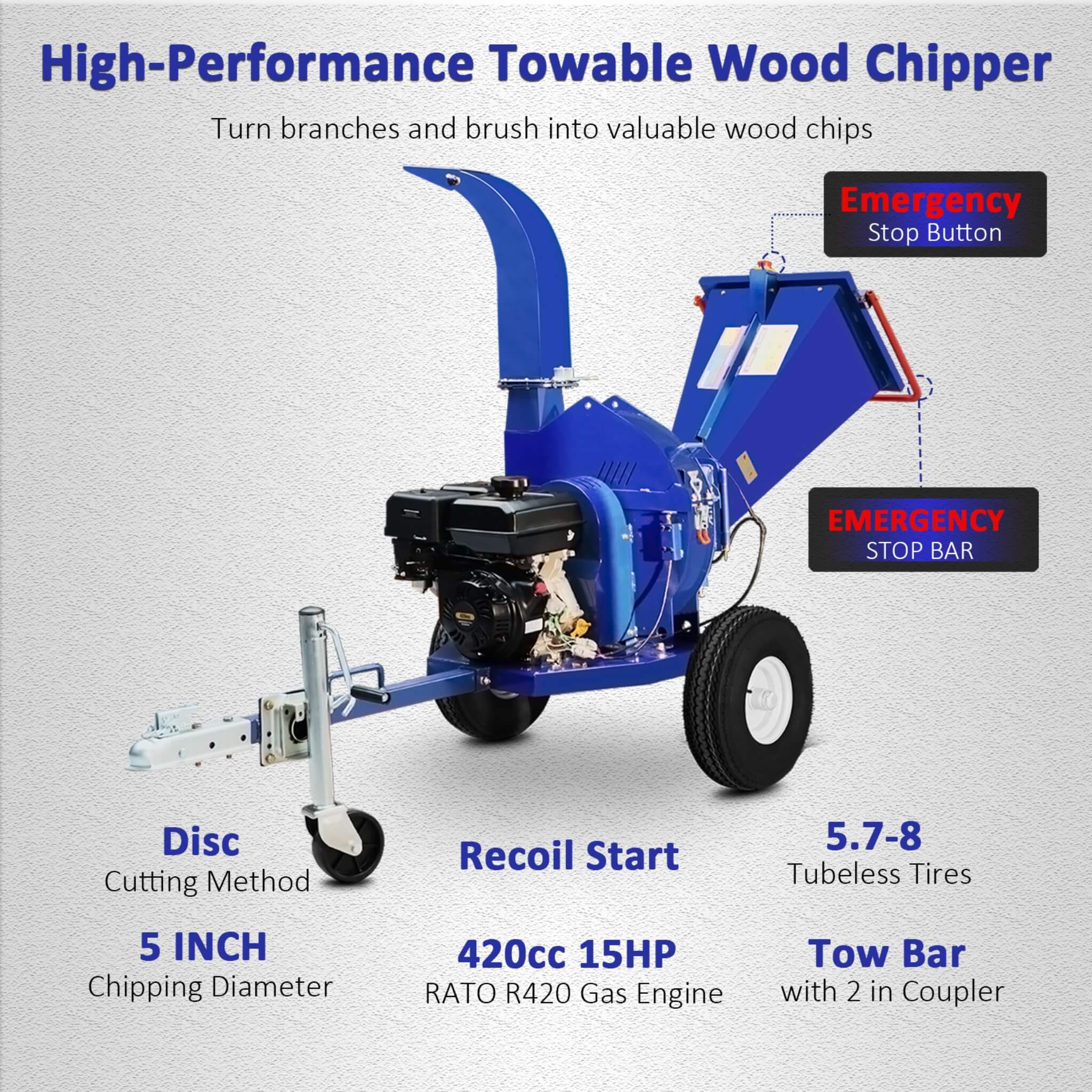 Heavy-Duty 5-Inch 15HP 420CC Gas Towable Wood Chipper Shredder With Recoil Start (SAK51947) - Image 4