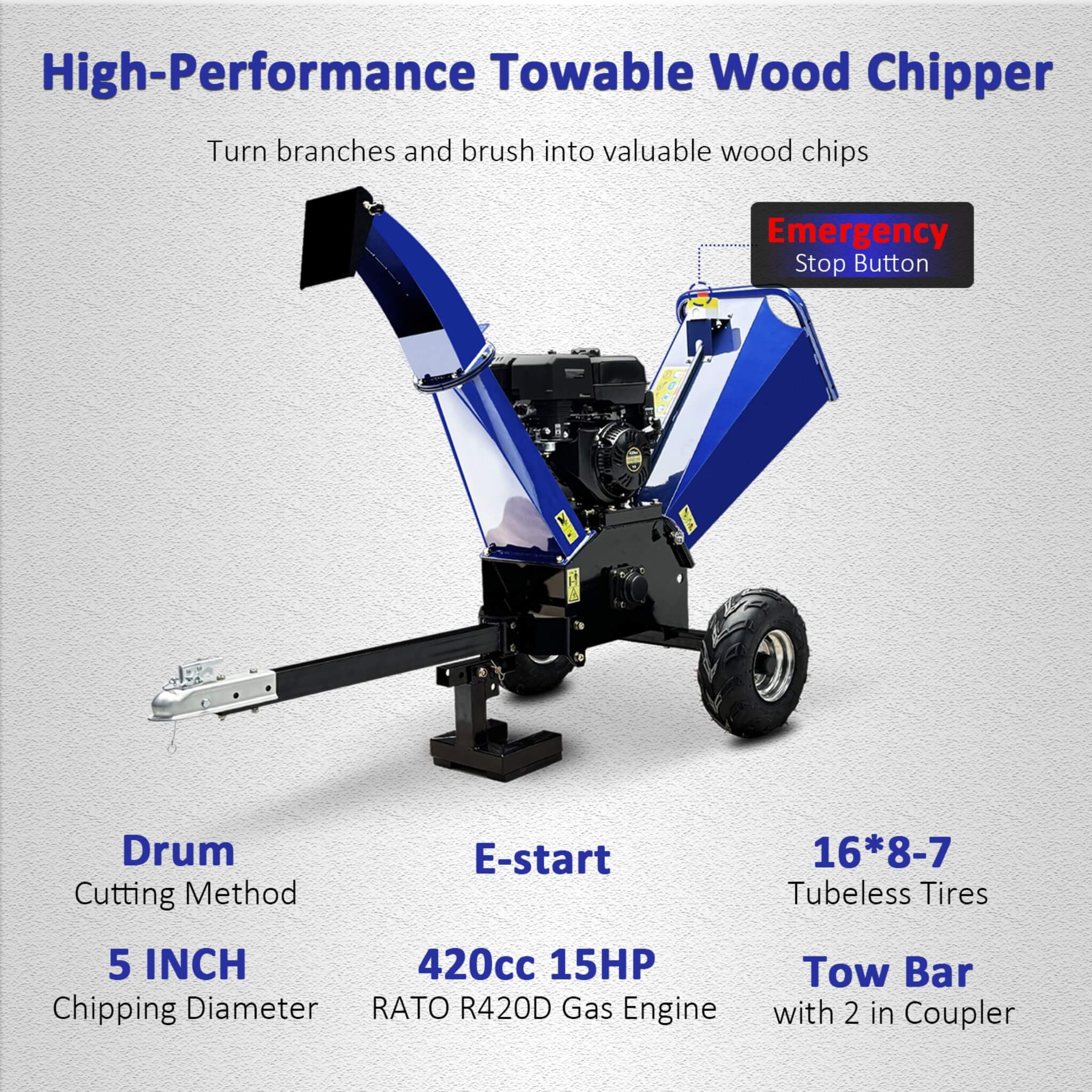 Heavy-Duty 5-Inch 15HP 420CC Gas Wood Chipper Shredder With Electric Start And Tow Hitch (SAK48652) - Image 4