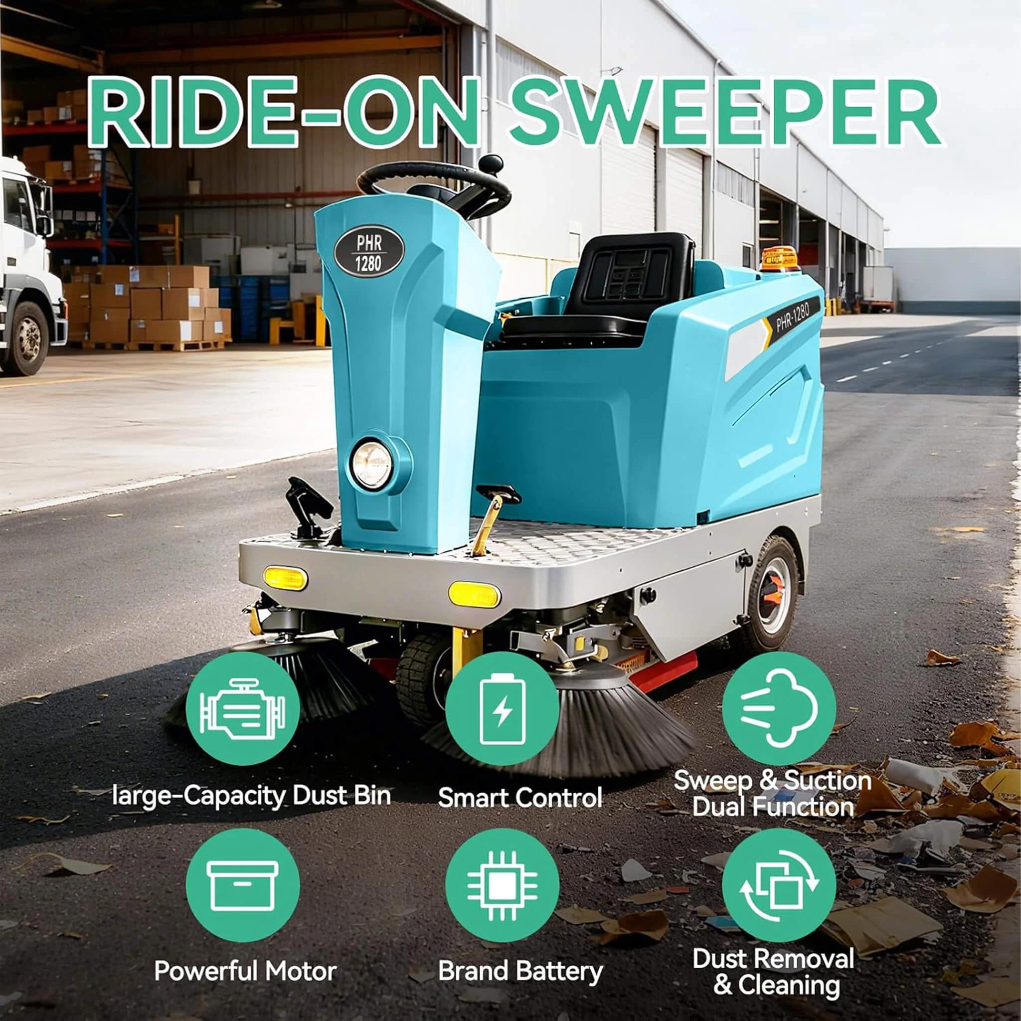 Heavy-Duty 51-Inch Electric Ride-On Floor Industrial Sweeper With Dustbin & Water Tank (SAK69418) - Image 3