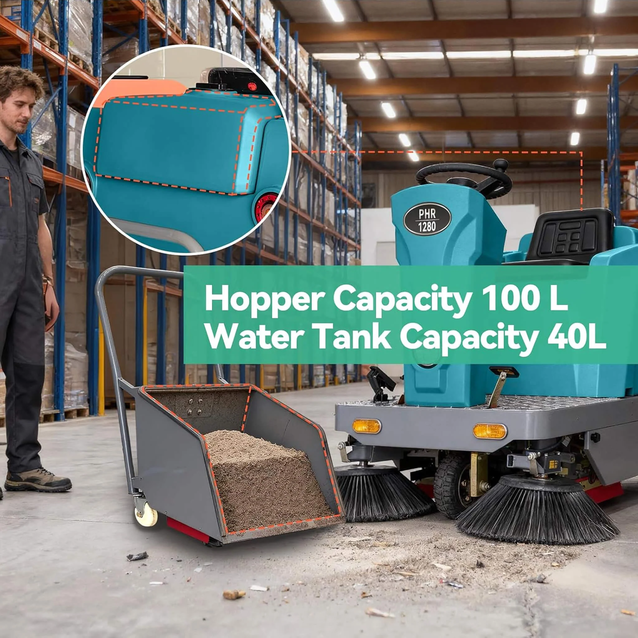 Heavy-Duty 51-Inch Electric Ride-On Floor Industrial Sweeper With Dustbin & Water Tank (SAK69418) - Image 4