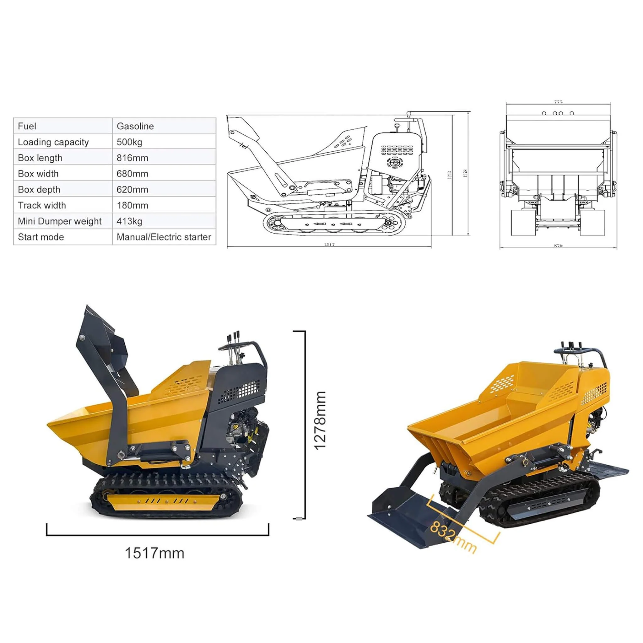 Heavy-Duty 6.5HP 1100LBS Tracked Hydraulic Dumper With Shovel (SAK62780) - Image 14