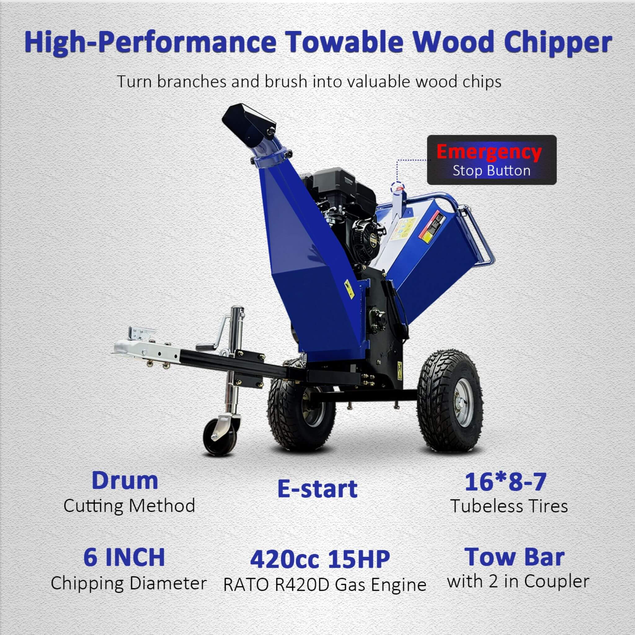 Heavy-Duty 6-Inch 15HP 420CC Towable Gas Wood Chipper Shredder With Electric Start (SAK50896) - Image 5