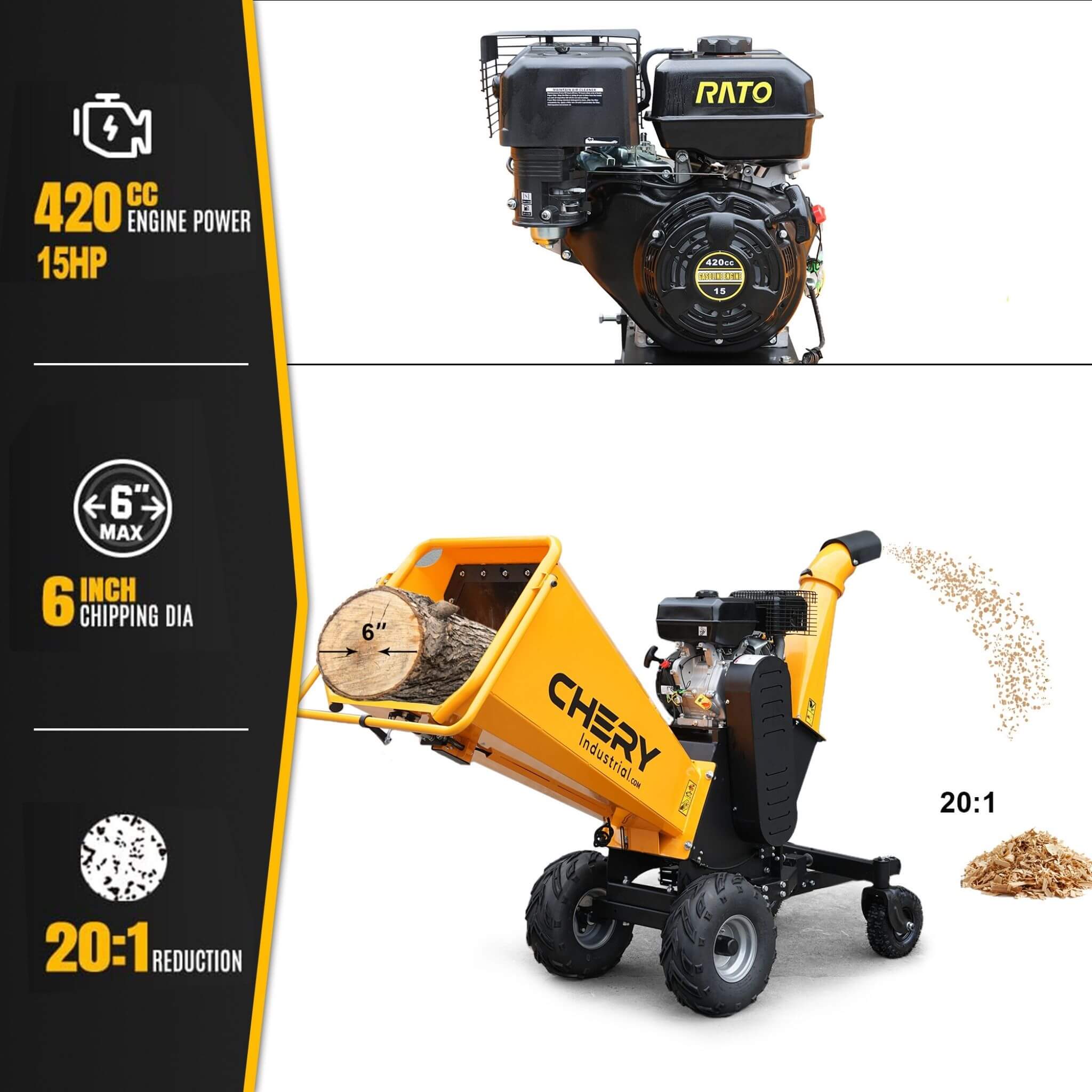 Heavy-Duty 6-Inch 420CC 15HP Gas Wood Chipper Shredder Mulcher With Tow Bar & Safety Stop Bar (SAK42731) - Image 5