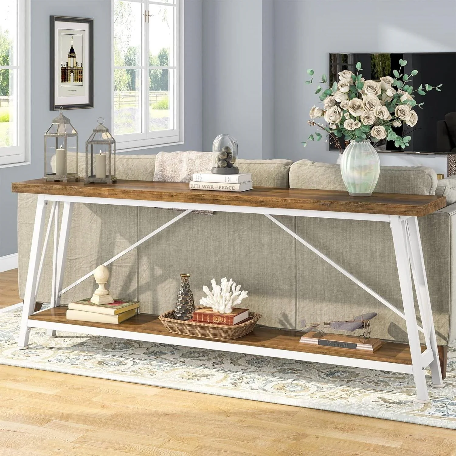Heavy Duty 70-inch Industrial Brown Wood Top Sofa Table with White Metal Frame - Image 2