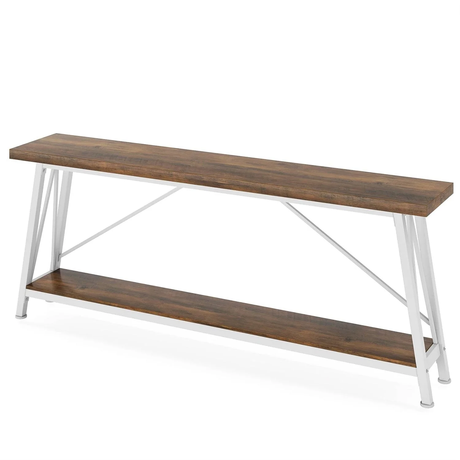 Heavy Duty 70-inch Industrial Brown Wood Top Sofa Table with White Metal Frame - Image 3