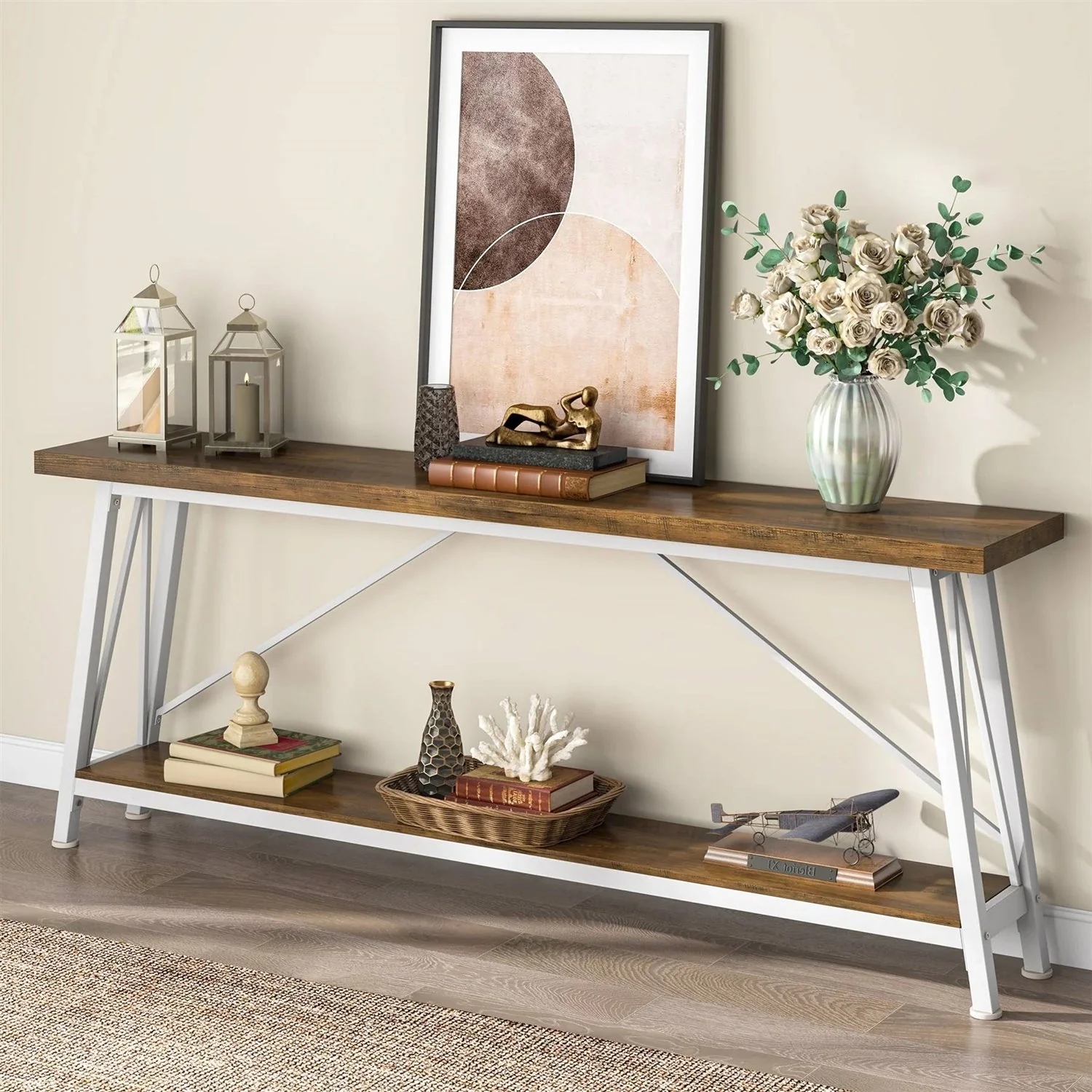 Heavy Duty 70-inch Industrial Brown Wood Top Sofa Table with White Metal Frame - Image 4