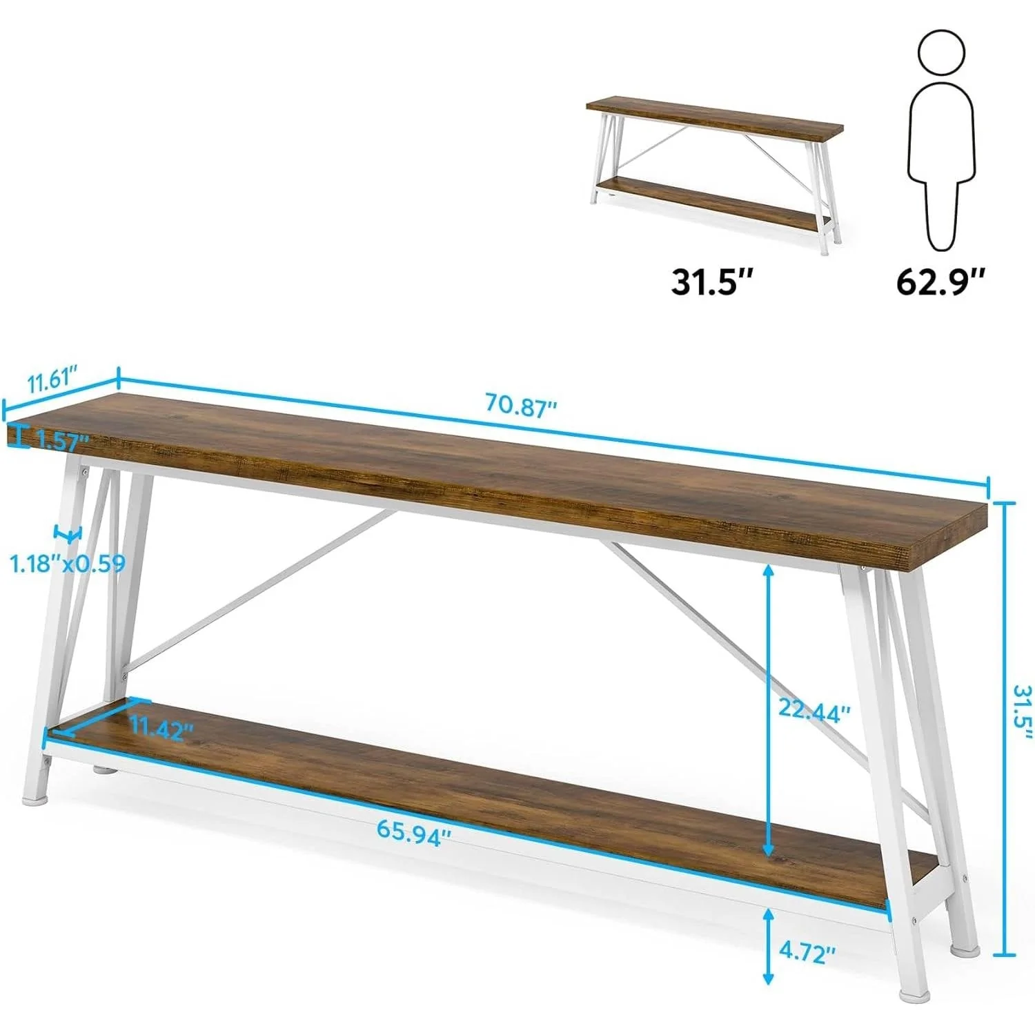 Heavy Duty 70-inch Industrial Brown Wood Top Sofa Table with White Metal Frame - Image 5