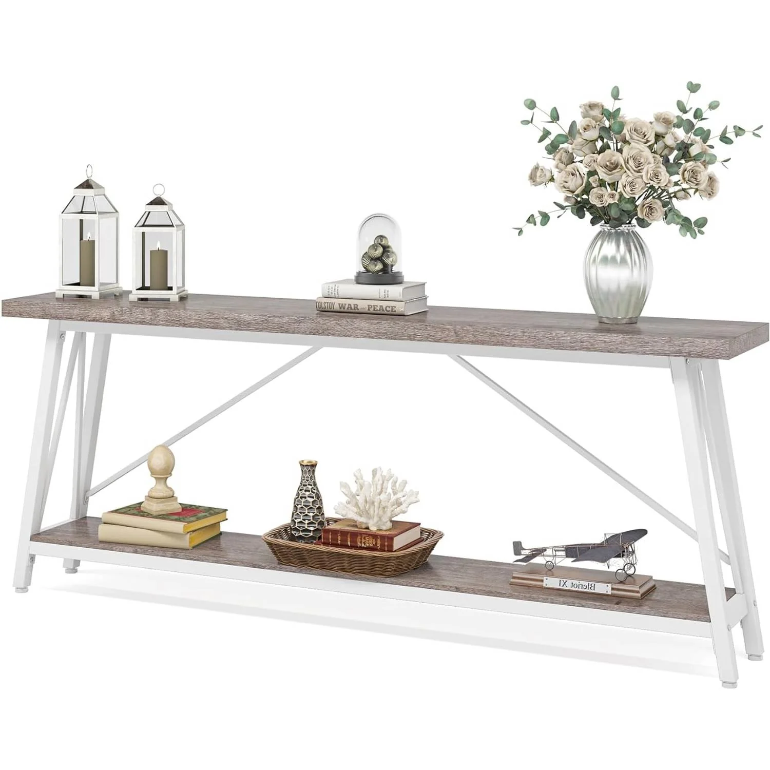 Heavy Duty 70-inch Industrial Grey Wood Top Sofa Table with White Metal Frame - Image 2