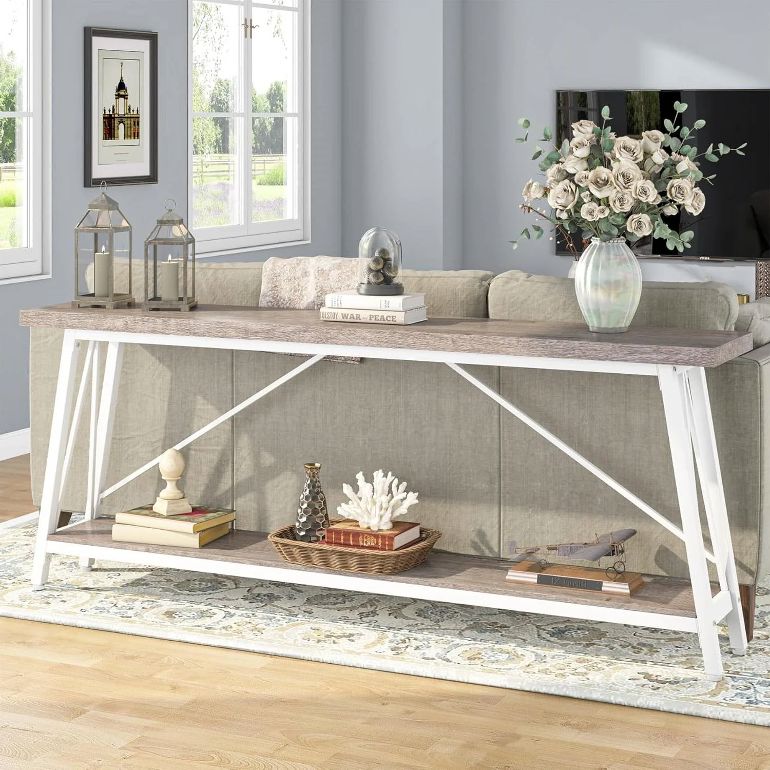 Heavy Duty 70-inch Industrial Grey Wood Top Sofa Table with White Metal Frame - Image 3