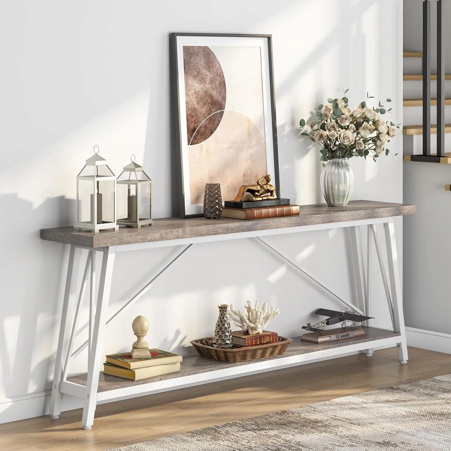 Heavy Duty 70-inch Industrial Grey Wood Top Sofa Table with White Metal Frame - Image 4