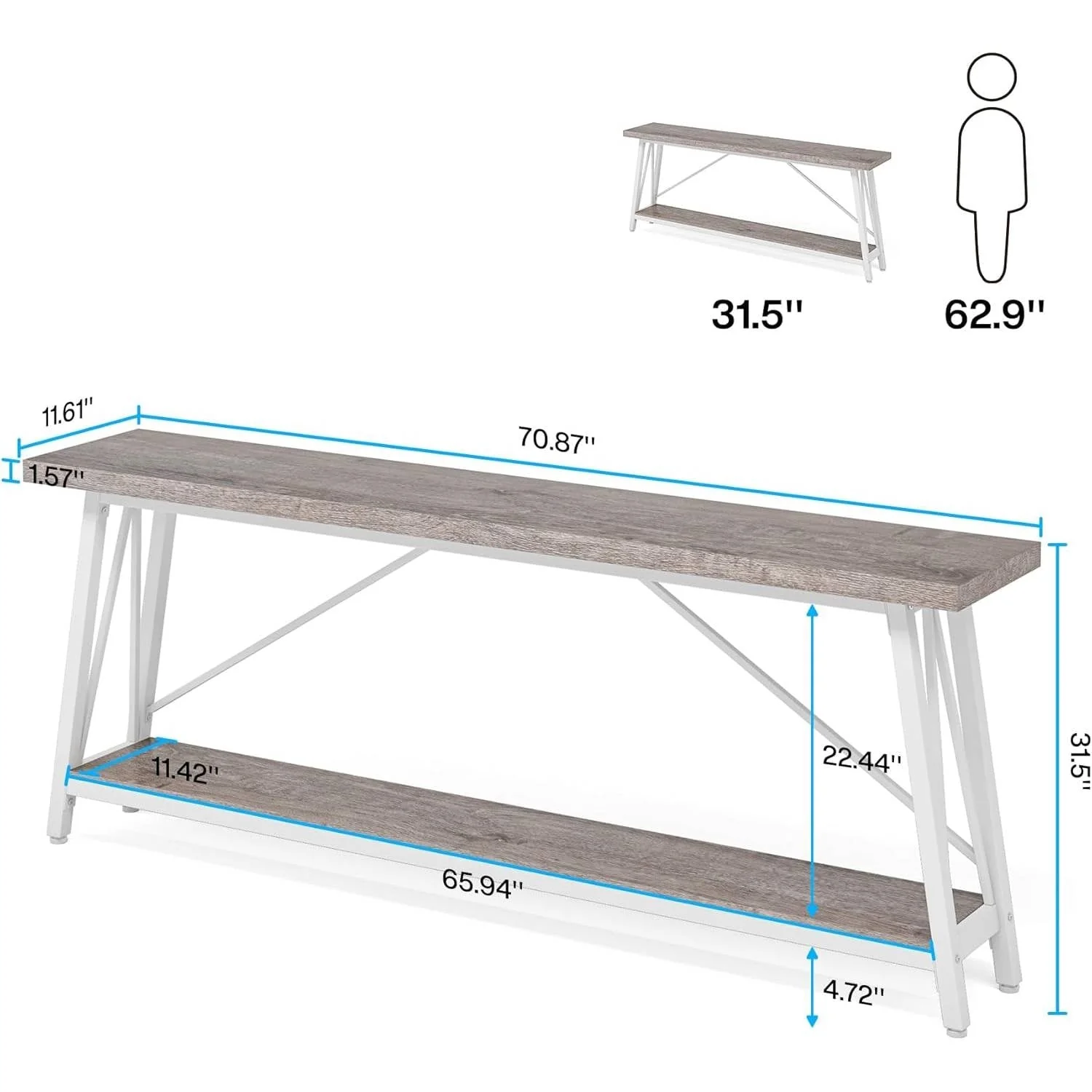 Heavy Duty 70-inch Industrial Grey Wood Top Sofa Table with White Metal Frame - Image 5