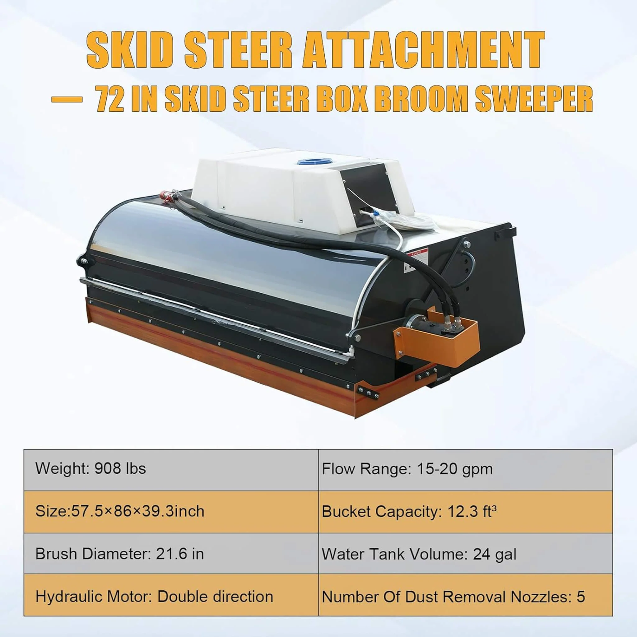Heavy-Duty 72-Inch Hydraulic Drive Broom Sweeper Skid Steer Attachment With Water Tank (SAK80614) - Image 6