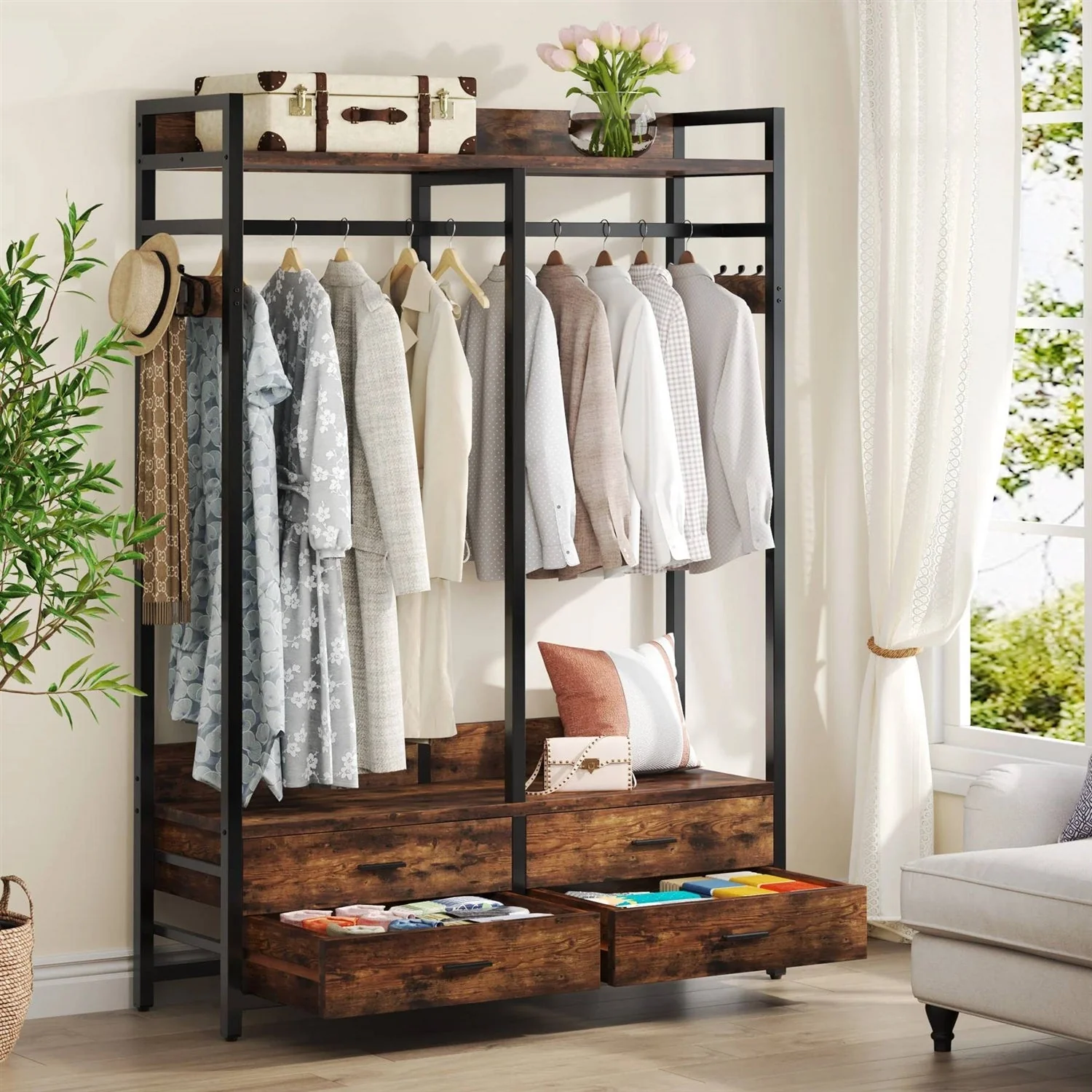 Heavy Duty Brown Black Garment Rack Clothes Hanging Rod with 4 Storage Drawers - Image 2