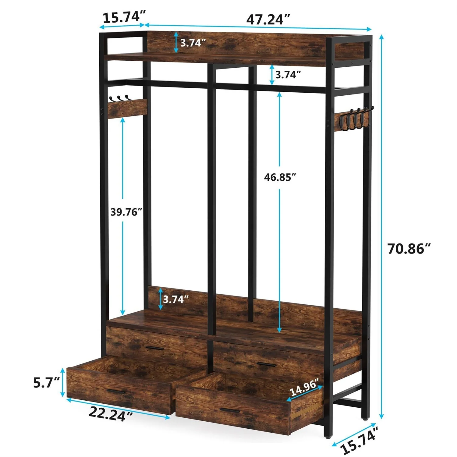 Heavy Duty Brown Black Garment Rack Clothes Hanging Rod with 4 Storage Drawers - Image 3