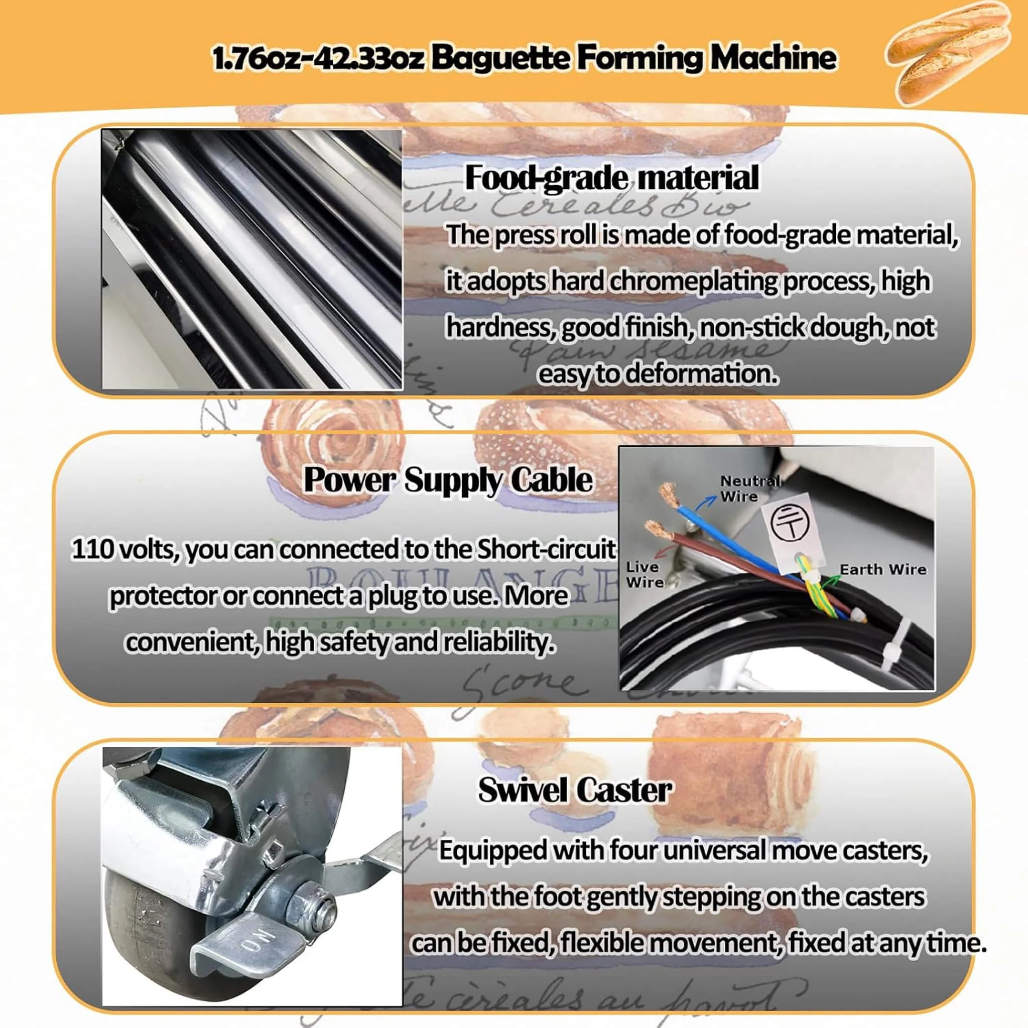 Heavy-Duty Commercial 110V Electric Baguette Bread Shaper Machine (SAK68176) - Image 6