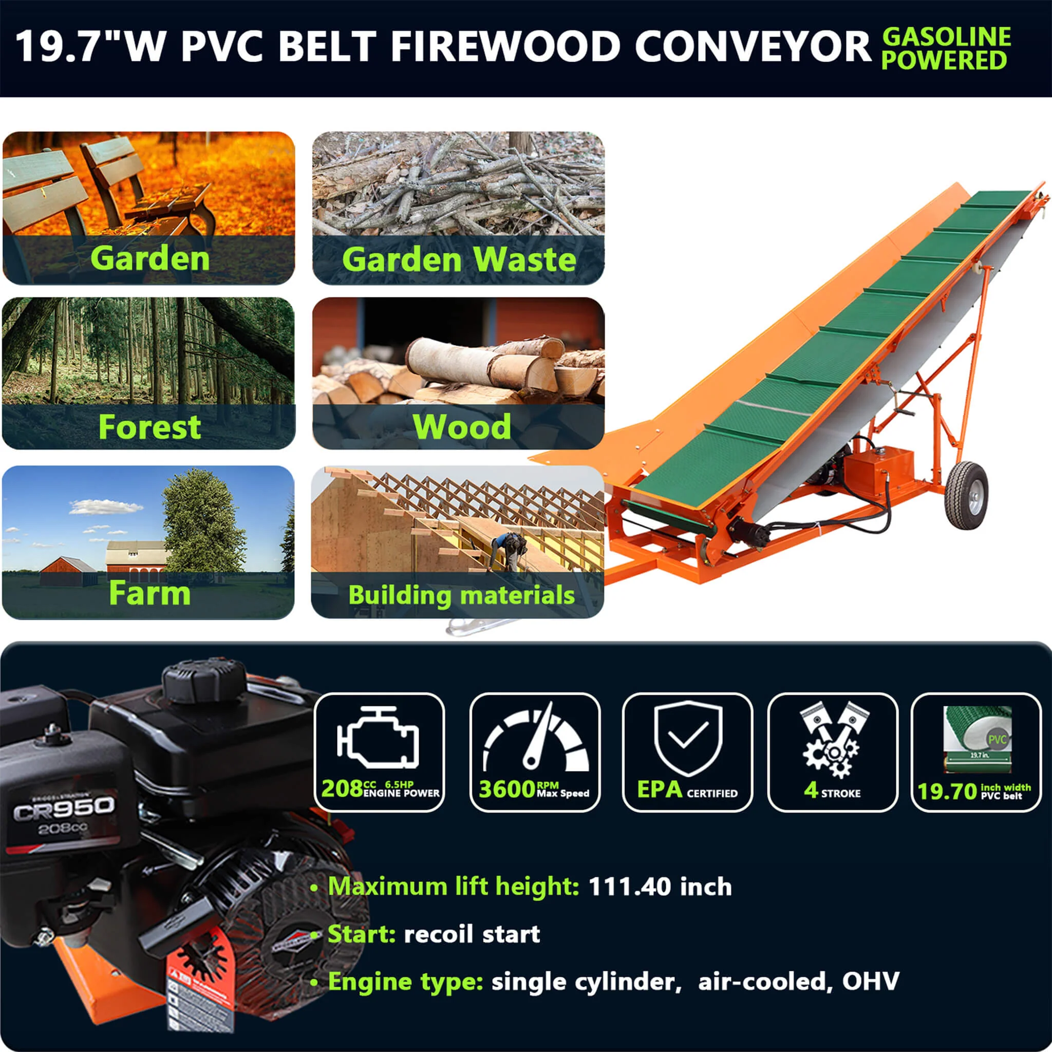 Heavy-Duty Commercial 6.5HP Gasoline Hydraulic High-Speed Wood Conveyor (SAK39524) - Image 4