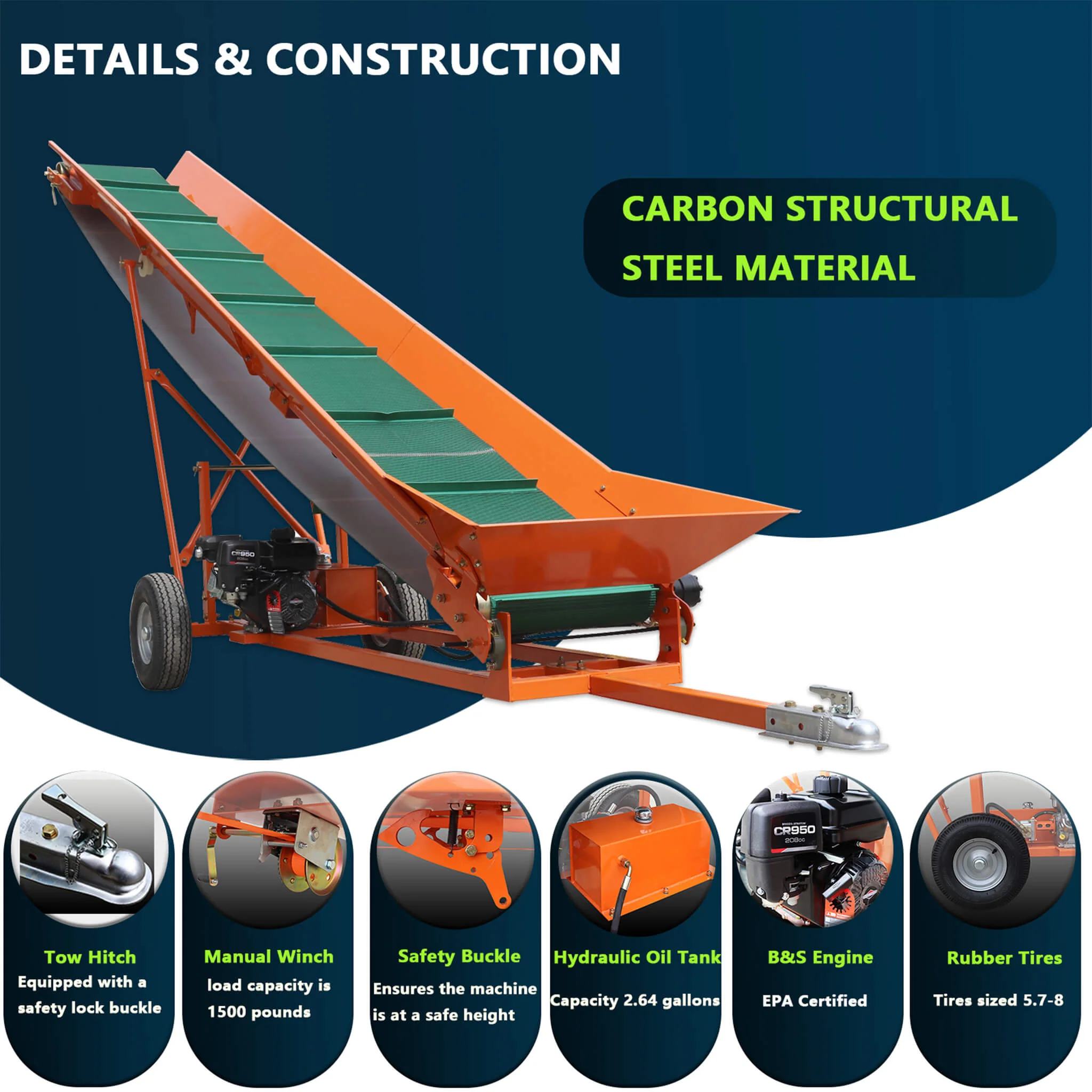 Heavy-Duty Commercial 6.5HP Gasoline Hydraulic High-Speed Wood Conveyor (SAK39524) - Image 6