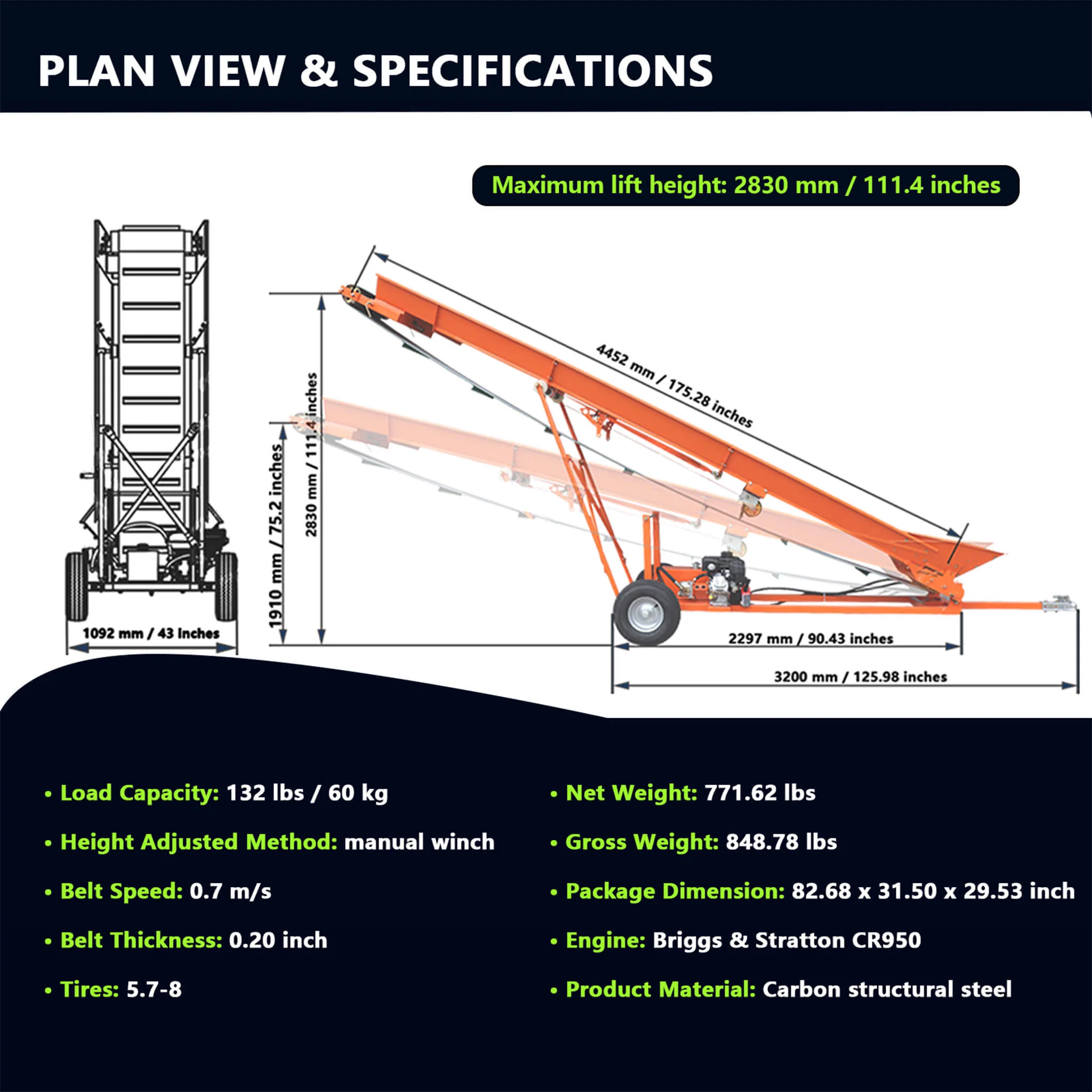 Heavy-Duty Commercial 6.5HP Gasoline Hydraulic High-Speed Wood Conveyor (SAK39524) - Image 7