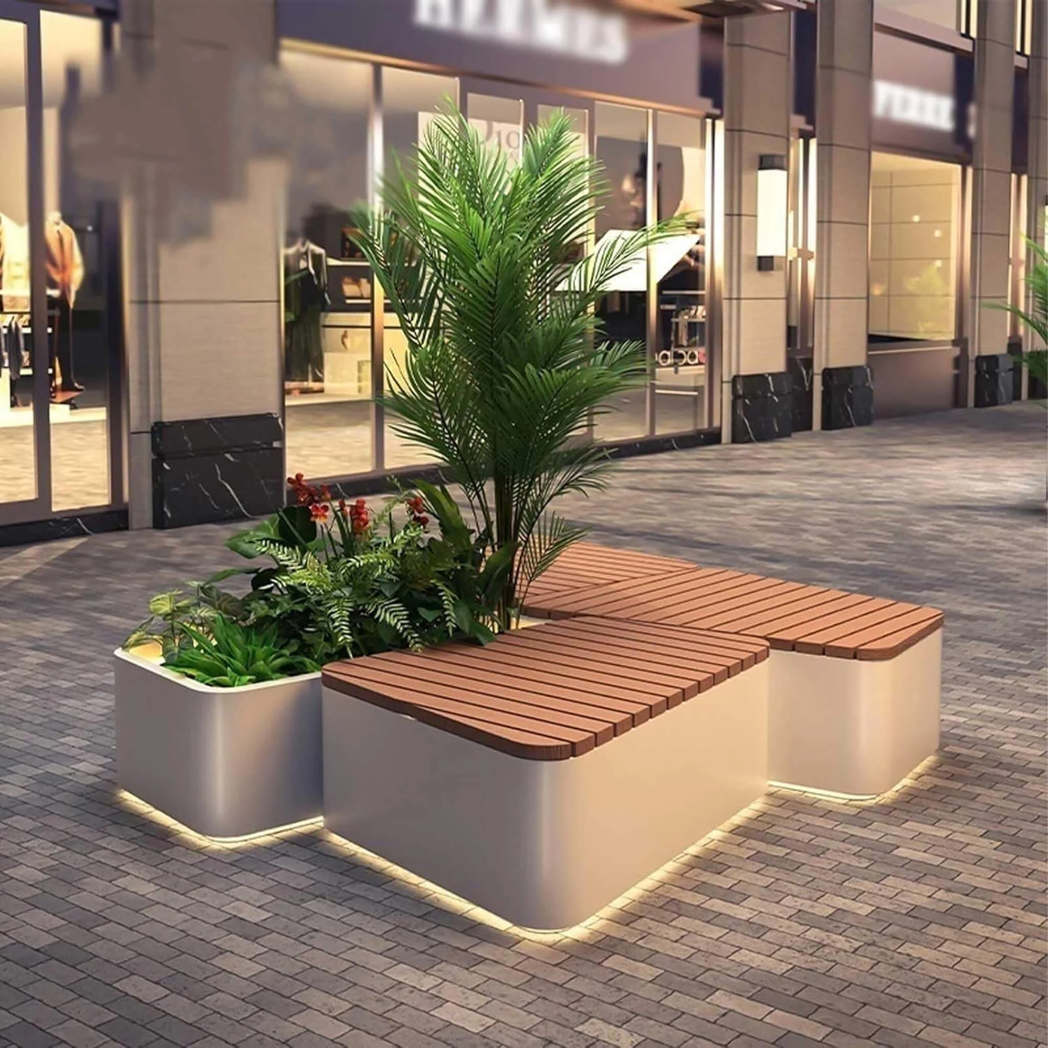 Heavy-Duty Commercial Outdoor Stainless Steel Bench With Wood Seat And Planter Box [Made To Order] (SAK41578) - Image 3