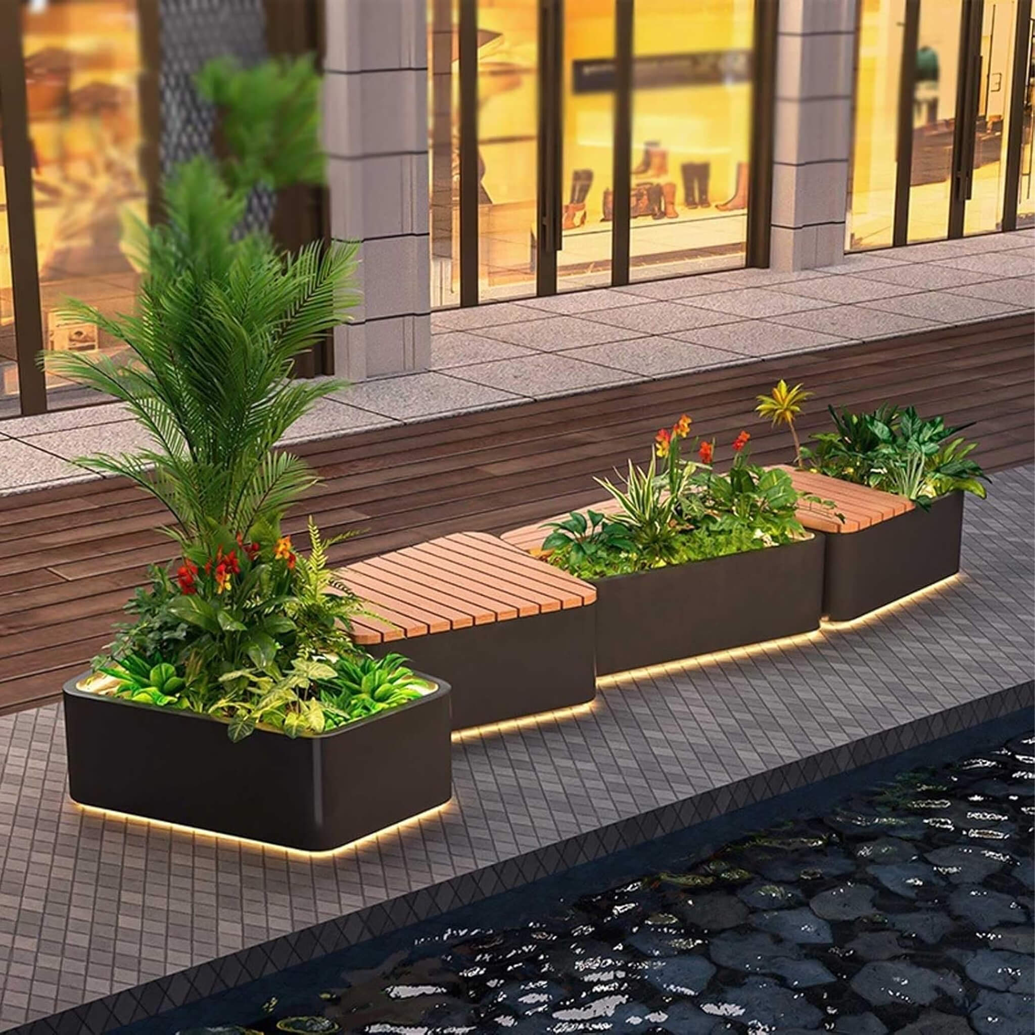 Heavy-Duty Commercial Outdoor Stainless Steel Bench With Wood Seat And Planter Box [Made To Order] (SAK41578) - Image 4
