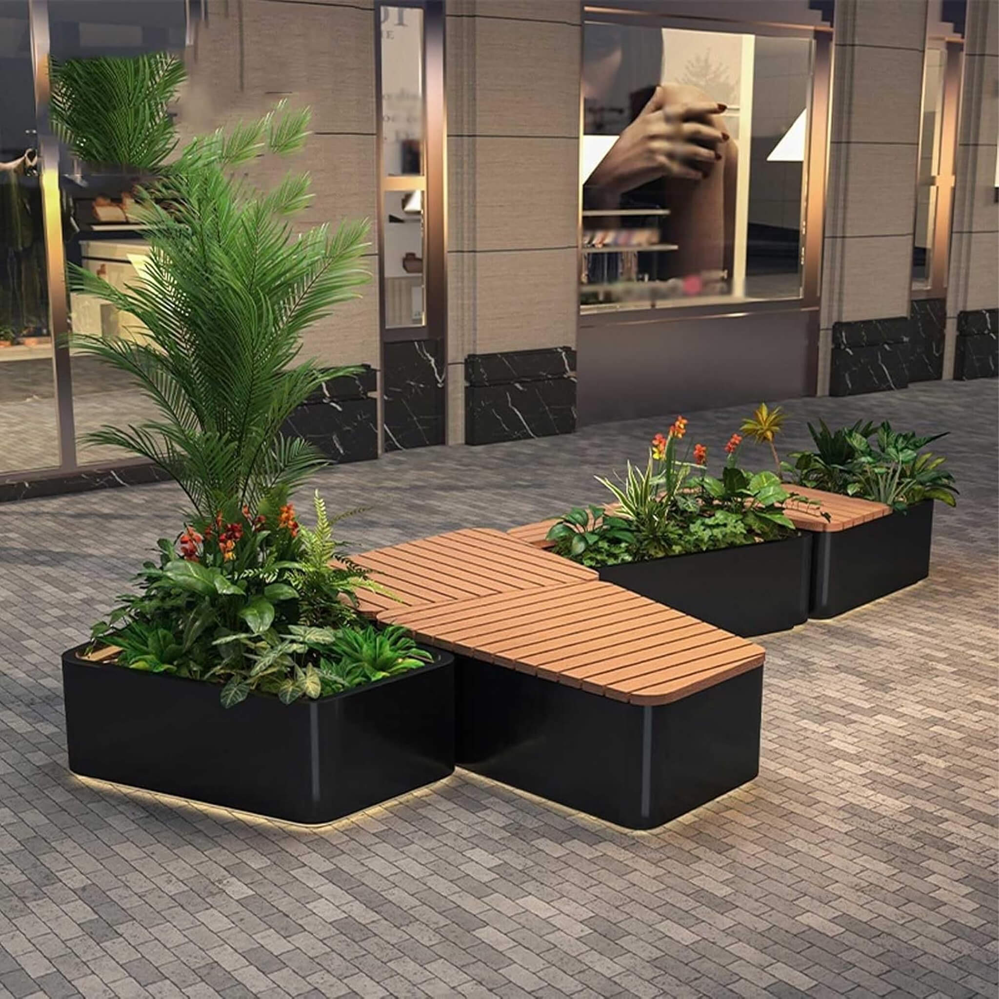 Heavy-Duty Commercial Outdoor Stainless Steel Bench With Wood Seat And Planter Box [Made To Order] (SAK41578) - Image 5