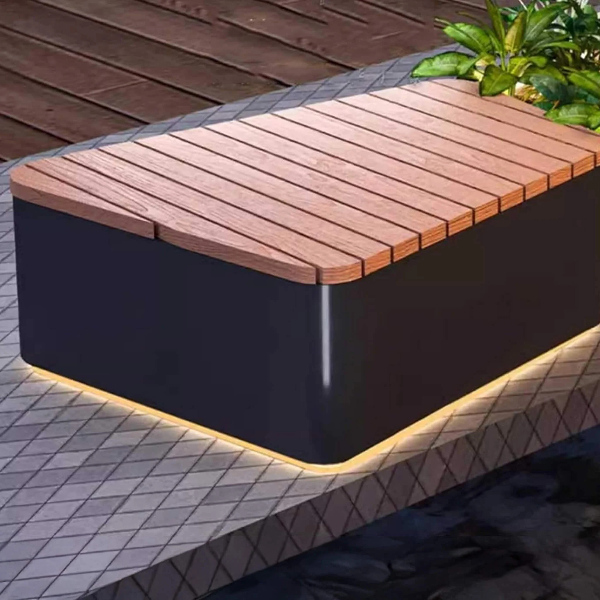 Heavy-Duty Commercial Outdoor Stainless Steel Bench With Wood Seat And Planter Box [Made To Order] (SAK41578) - Image 6